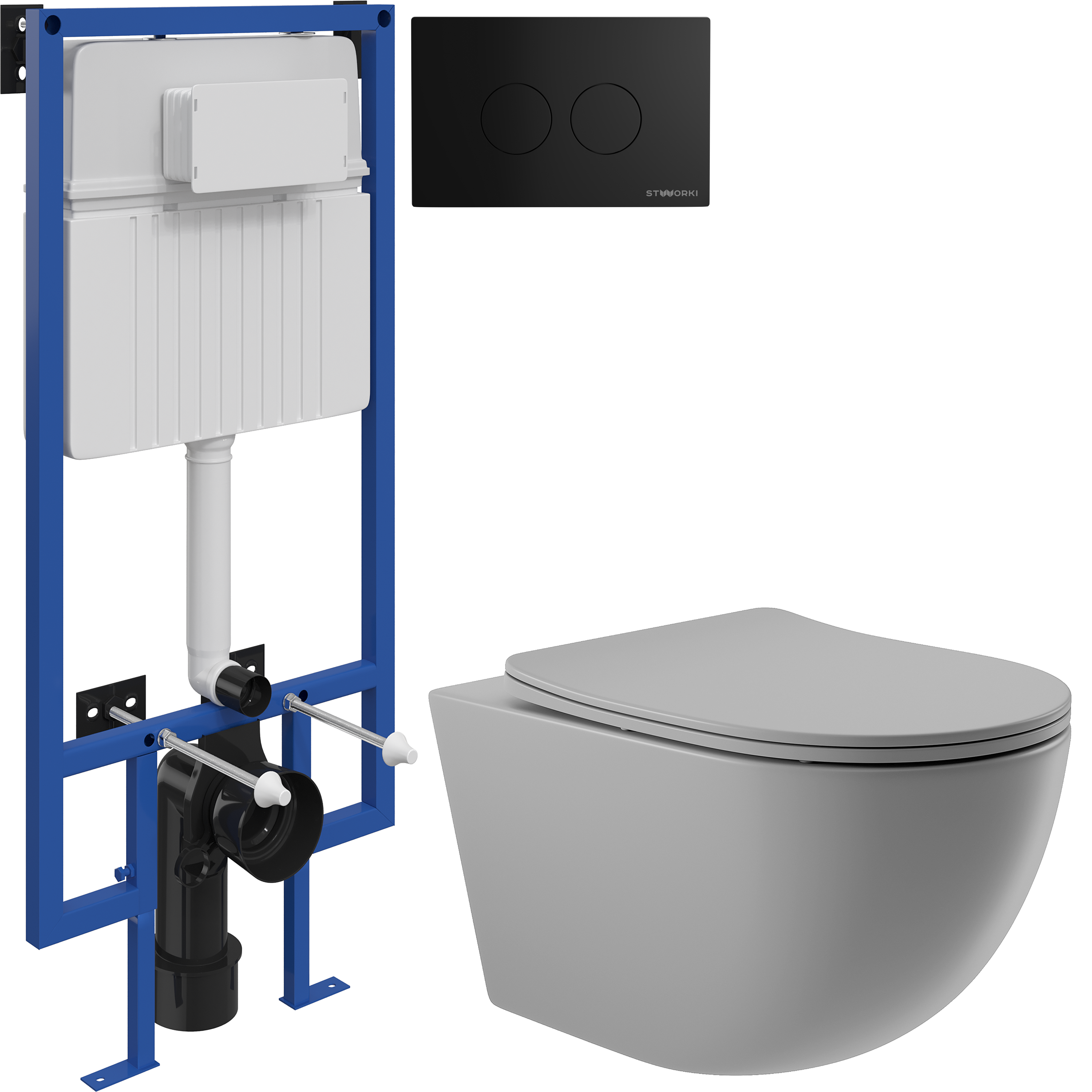 Комплект 3 в 1 Унитаз подвесной Aqueduto Ovo OVO0130 + Инсталляция STWORKI 510162 + Кнопка Хельсинки 500471 цвет матовый черный