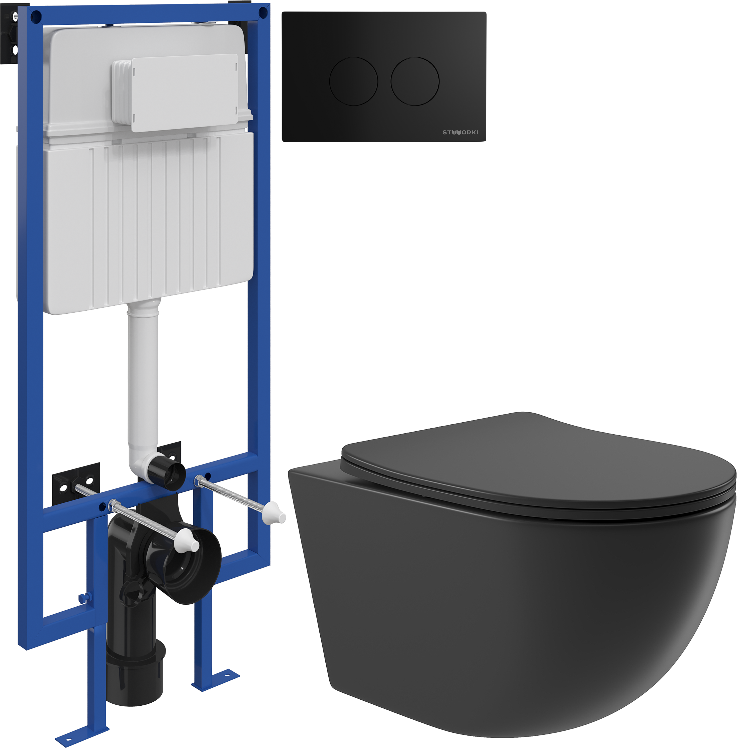 Комплект 3 в 1 Унитаз подвесной Aqueduto Ovo OVO0140 + Инсталляция STWORKI 510162 + Кнопка Хельсинки 500471 цвет матовый черный