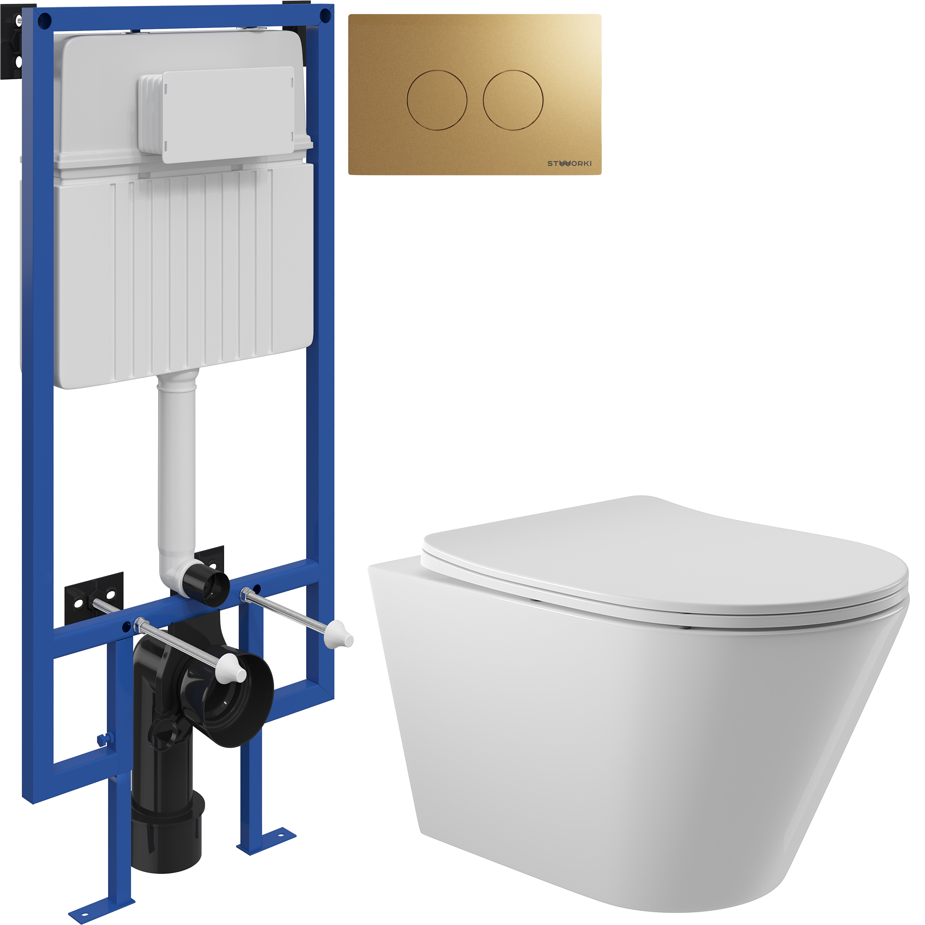Комплект 3 в 1 Унитаз подвесной Aqueduto Cone CON0110 + Инсталляция STWORKI 510162 + Кнопка Хельсинки 500474 цвет матовое золото