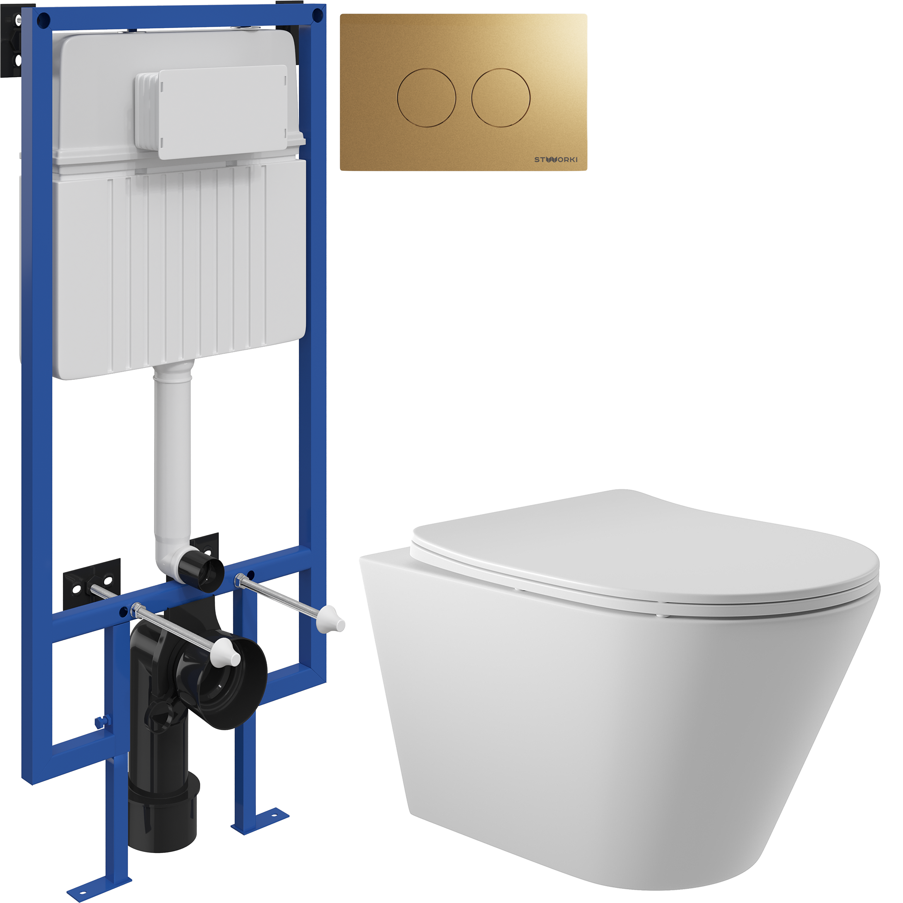 Комплект 3 в 1 Унитаз подвесной Aqueduto Cone CON0120 + Инсталляция STWORKI 510162 + Кнопка Хельсинки 500474 цвет матовое золото