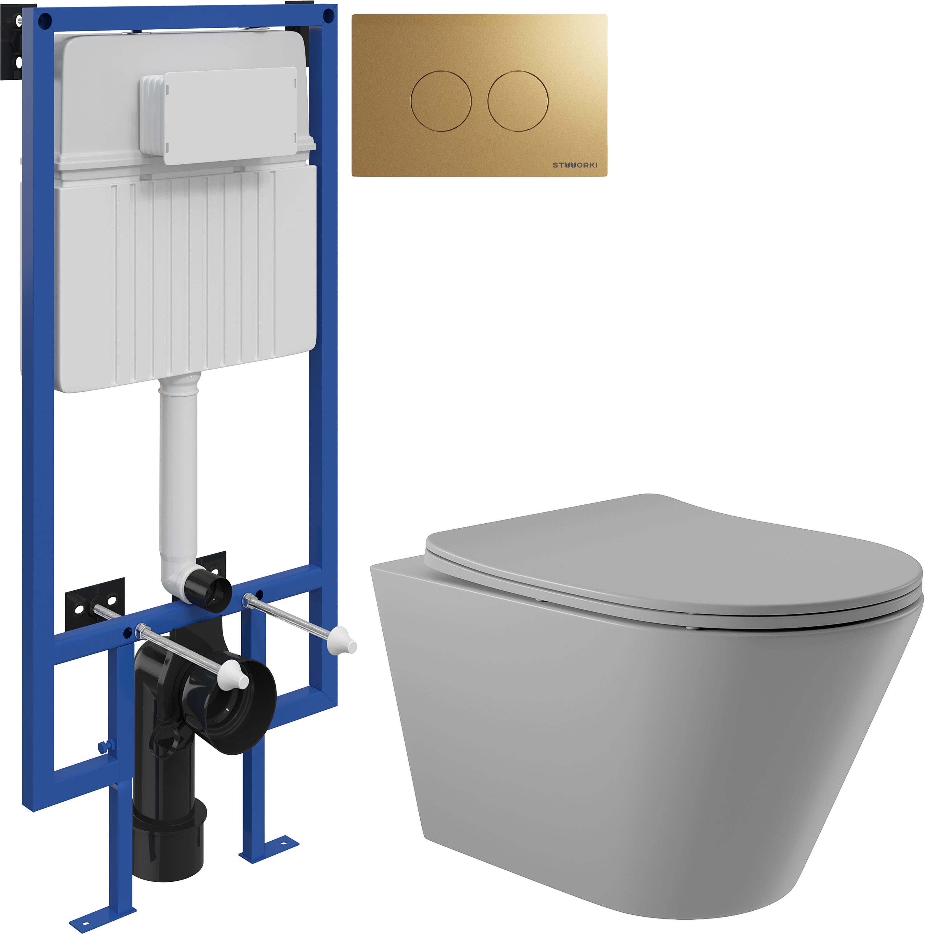 Комплект 3 в 1 Унитаз подвесной Aqueduto Cone CON0130 + Инсталляция STWORKI 510162 + Кнопка Хельсинки 500474 цвет матовое золото