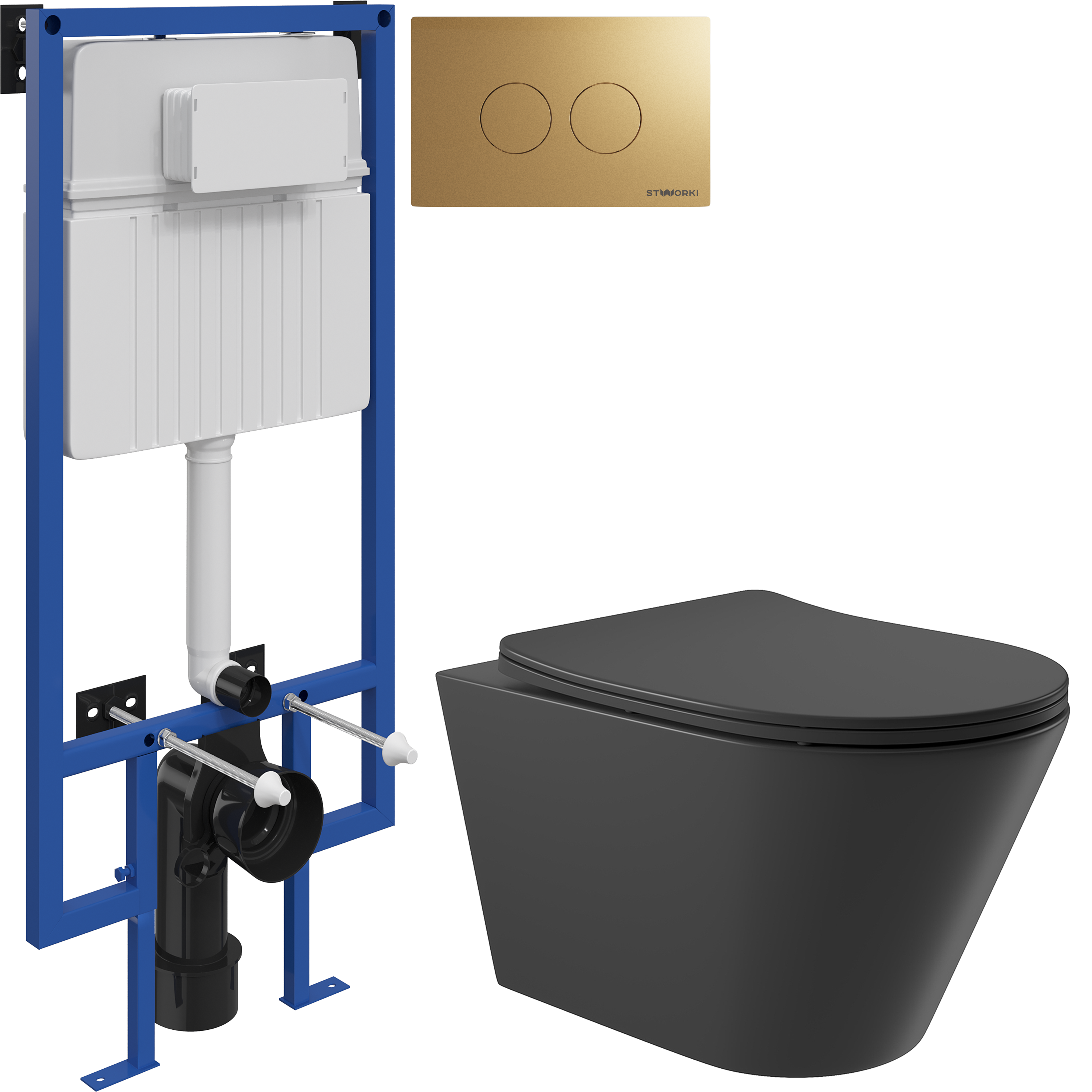 Комплект 3 в 1 Унитаз подвесной Aqueduto Cone CON0140 + Инсталляция STWORKI 510162 + Кнопка Хельсинки 500474 цвет матовое золото