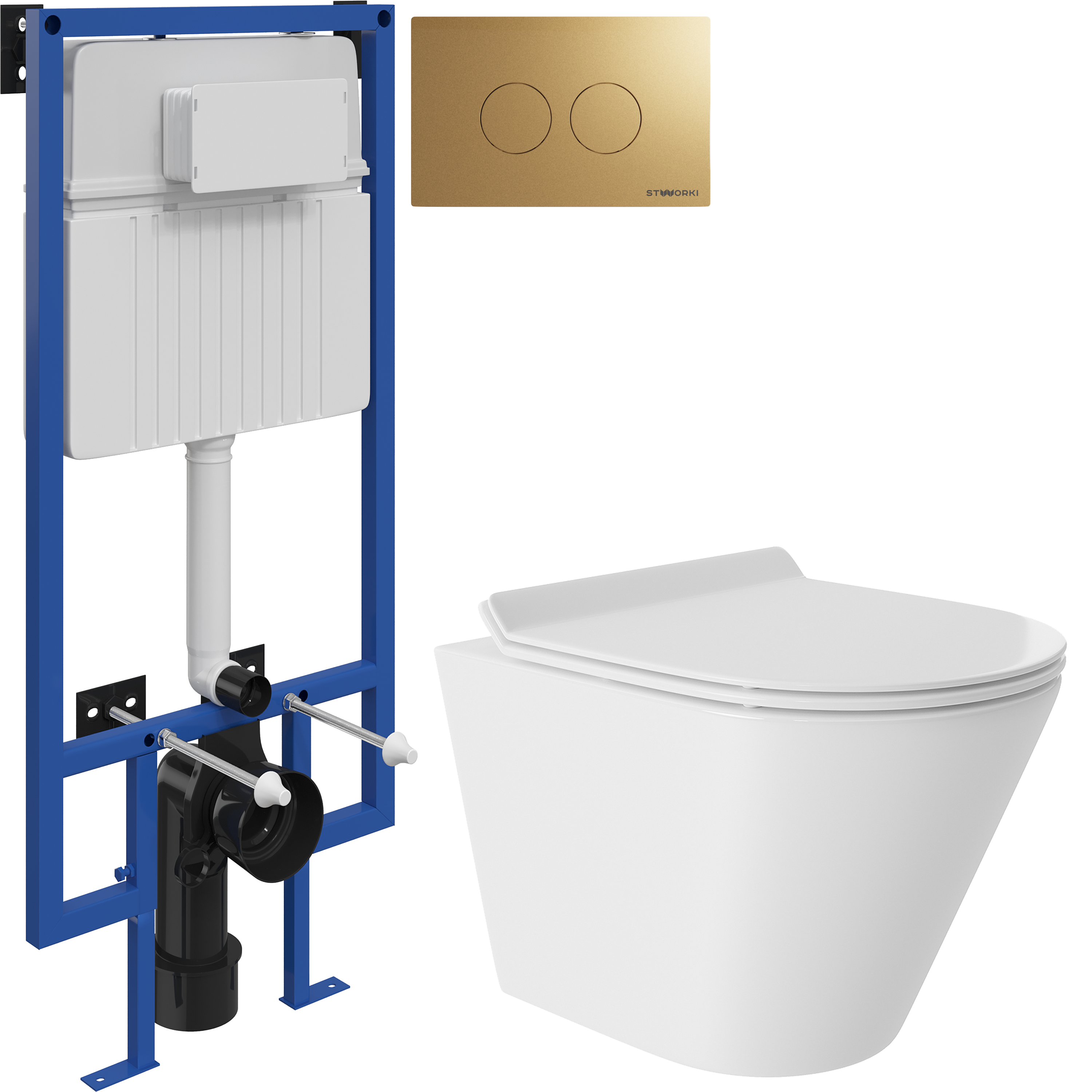 Комплект 3 в 1 Унитаз подвесной Aqueduto Cone Tornado CONT0110 + Инсталляция STWORKI 510162 + Кнопка Хельсинки 500474 цвет матовое золото