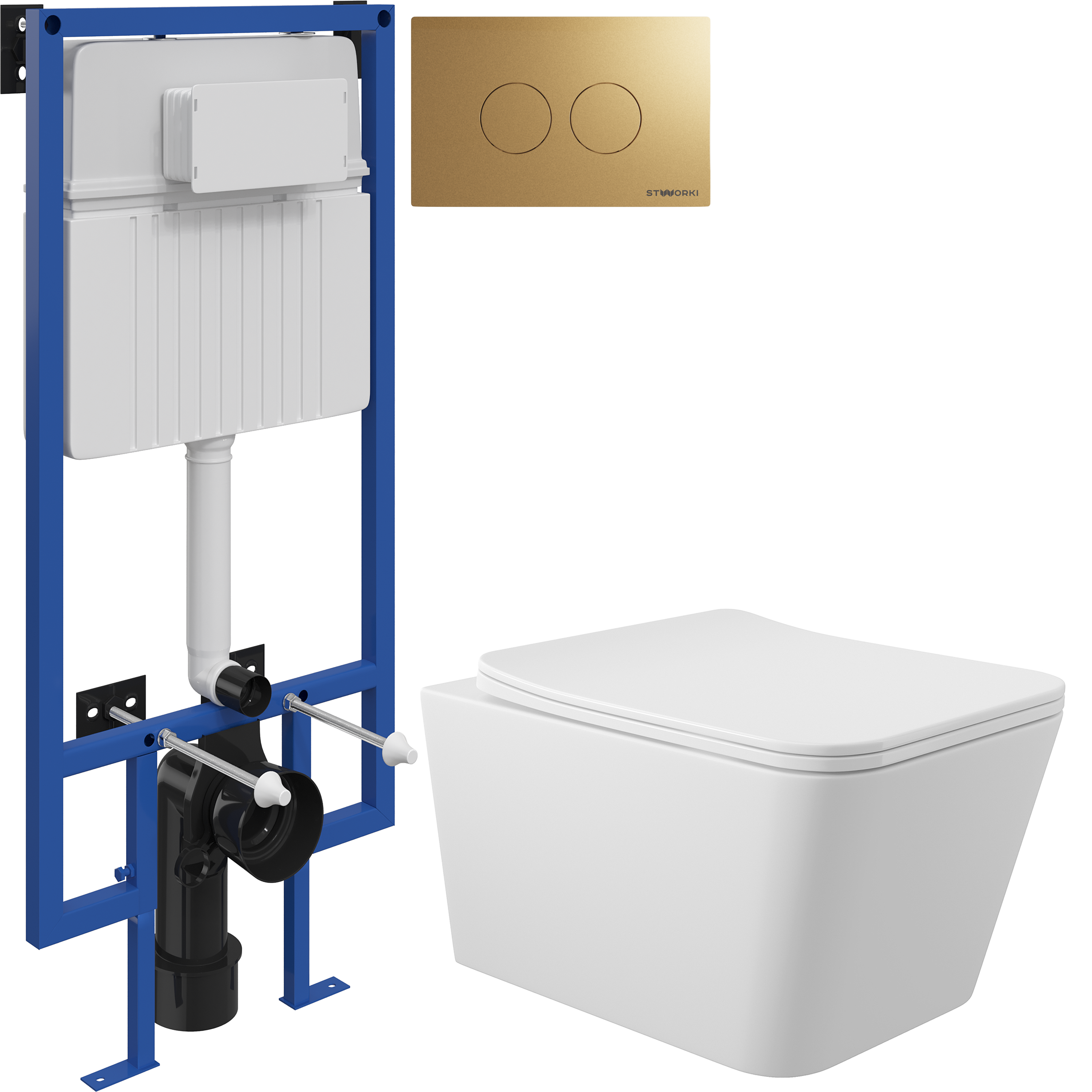 Комплект 3 в 1 Унитаз подвесной Aqueduto Macio MAC0120 + Инсталляция STWORKI 510162 + Кнопка Хельсинки 500474 цвет матовое золото