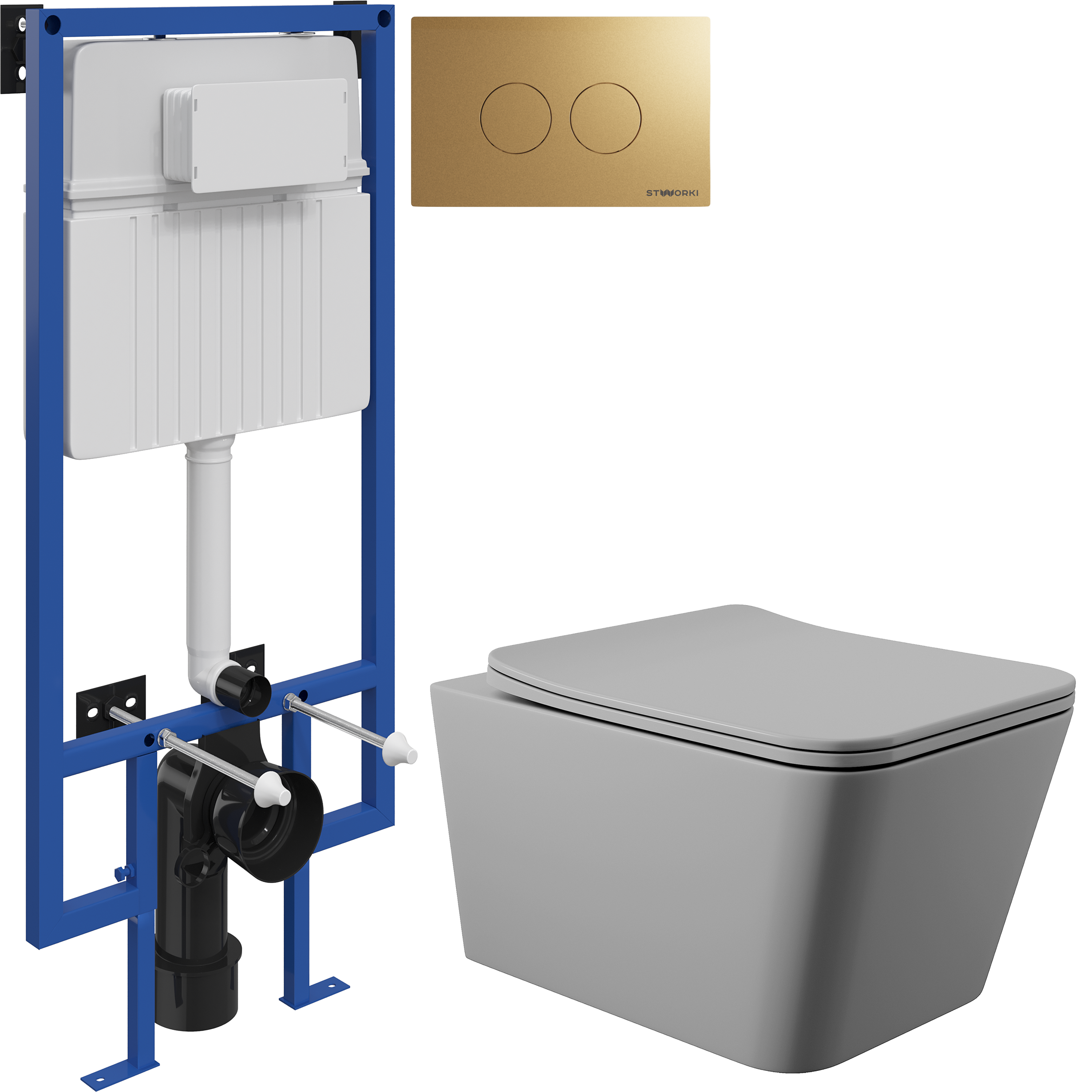 Комплект 3 в 1 Унитаз подвесной Aqueduto Macio MAC0130 + Инсталляция STWORKI 510162 + Кнопка Хельсинки 500474 цвет матовое золото