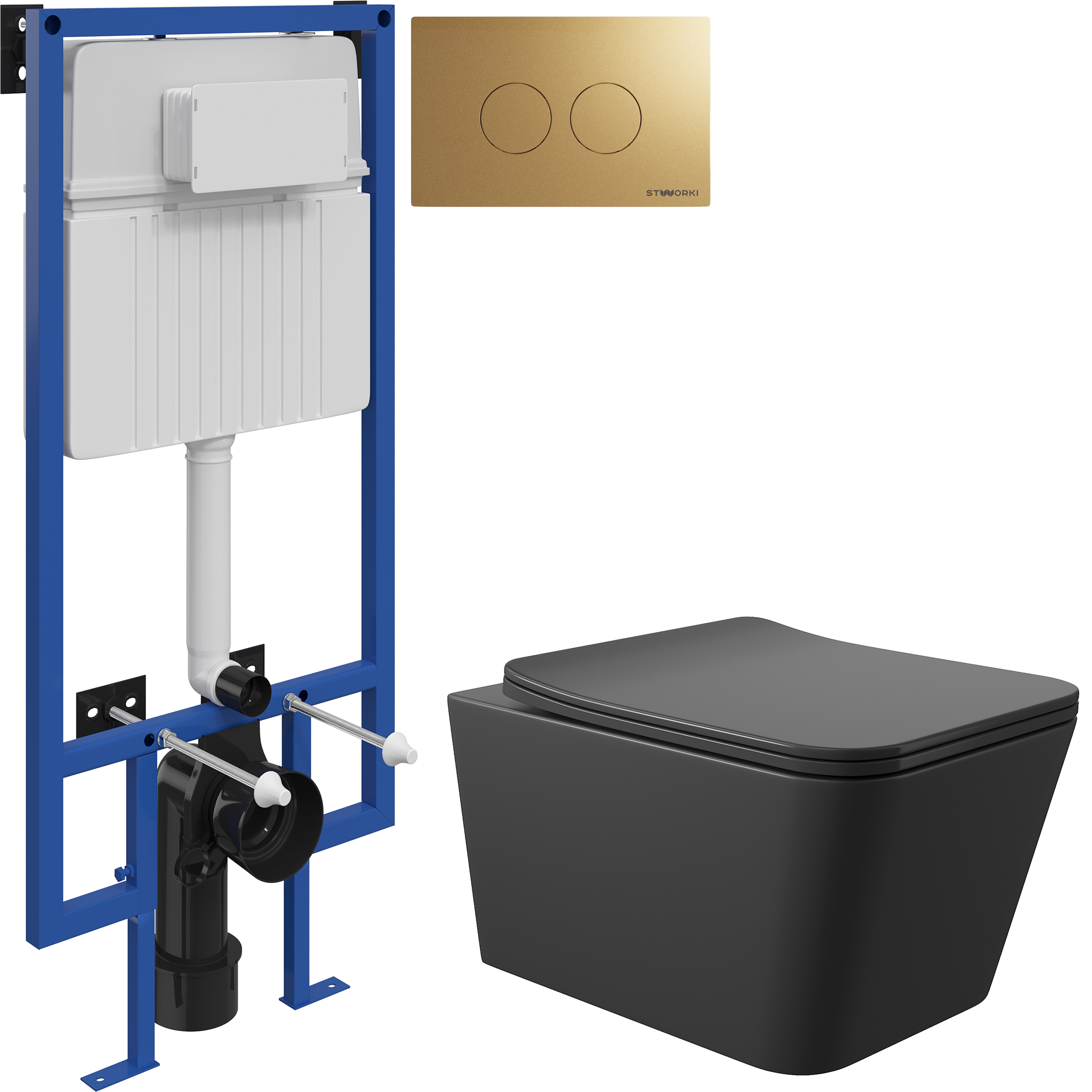 Комплект 3 в 1 Унитаз подвесной Aqueduto Macio MAC0140 + Инсталляция STWORKI 510162 + Кнопка Хельсинки 500474 цвет матовое золото