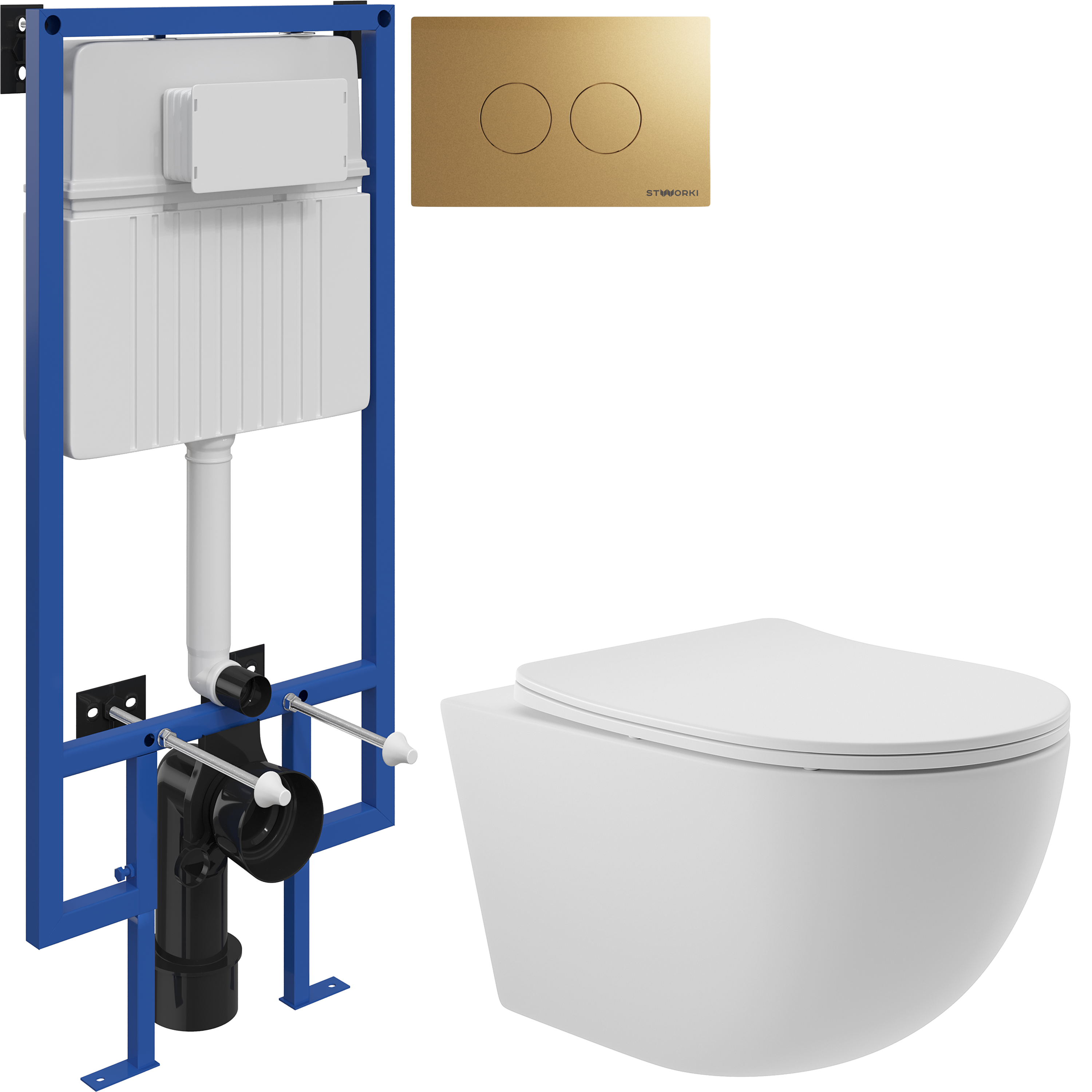 Комплект 3 в 1 Унитаз подвесной Aqueduto Ovo OVO0120 + Инсталляция STWORKI 510162 + Кнопка Хельсинки 500474 цвет матовое золото