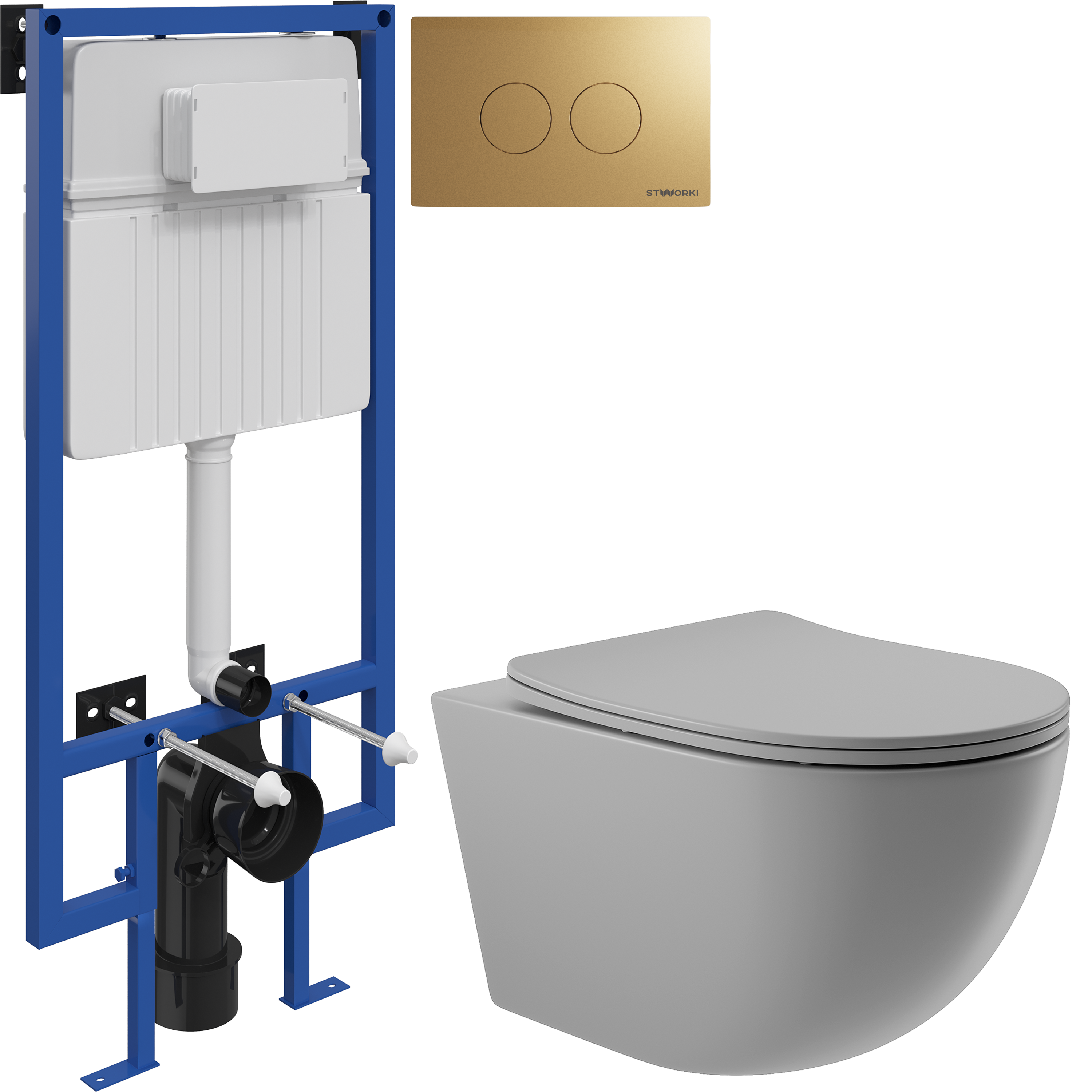 Комплект 3 в 1 Унитаз подвесной Aqueduto Ovo OVO0130 + Инсталляция STWORKI 510162 + Кнопка Хельсинки 500474 цвет матовое золото