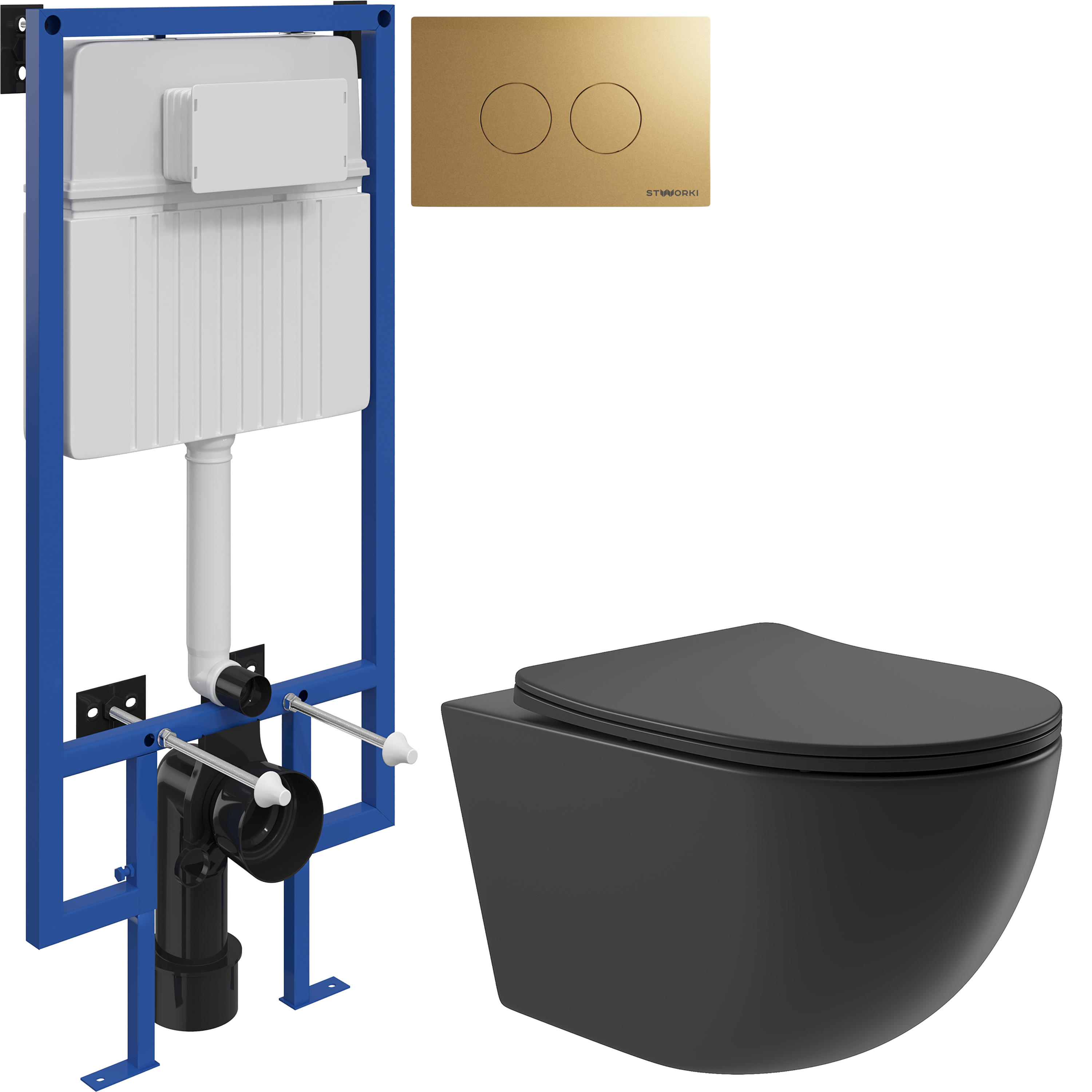 Комплект 3 в 1 Унитаз подвесной Aqueduto Ovo OVO0140 + Инсталляция STWORKI 510162 + Кнопка Хельсинки 500474 цвет матовое золото