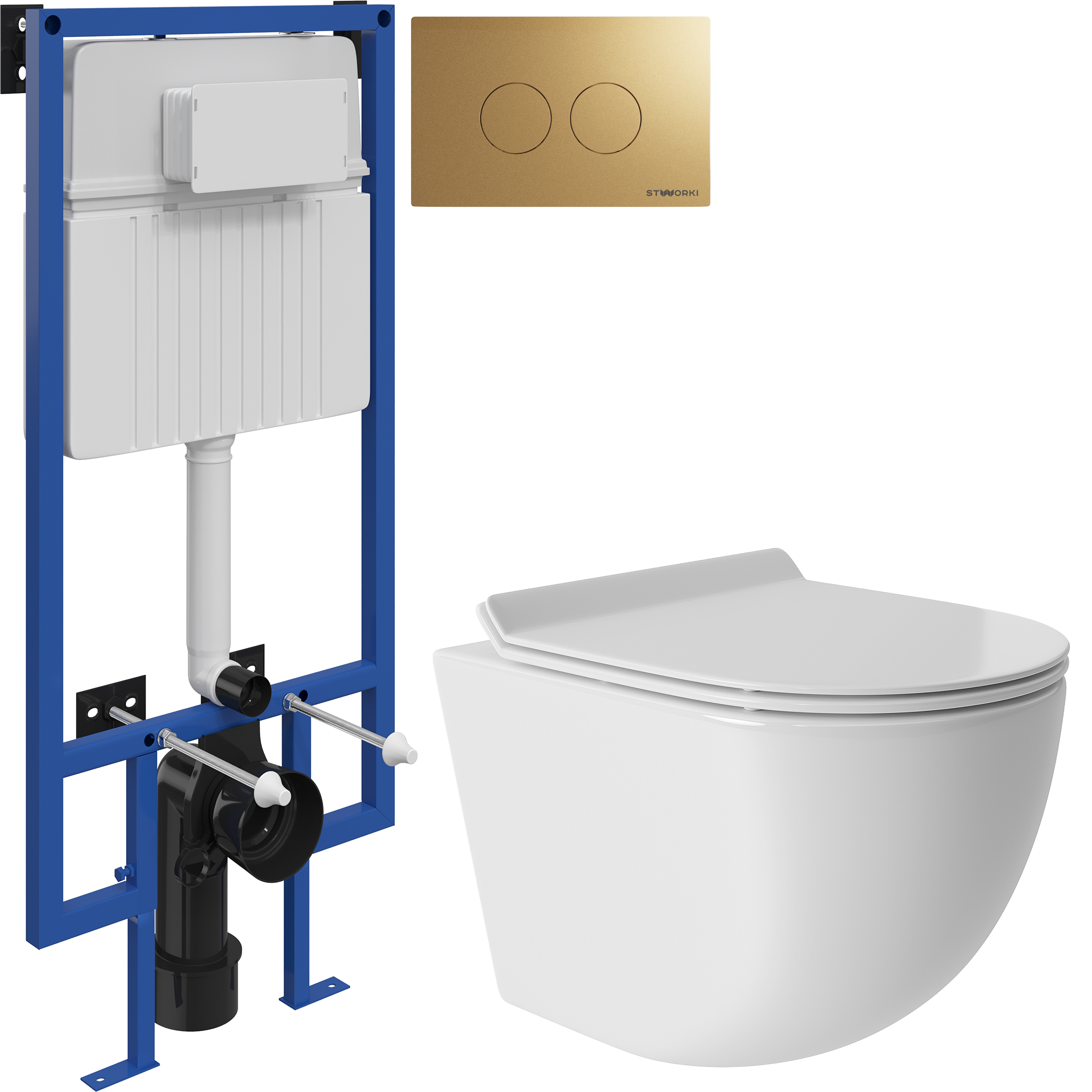 Комплект 3 в 1 Унитаз подвесной Aqueduto Ovo Tornado OVOT0110 + Инсталляция STWORKI 510162 + Кнопка Хельсинки 500474 цвет матовое золото