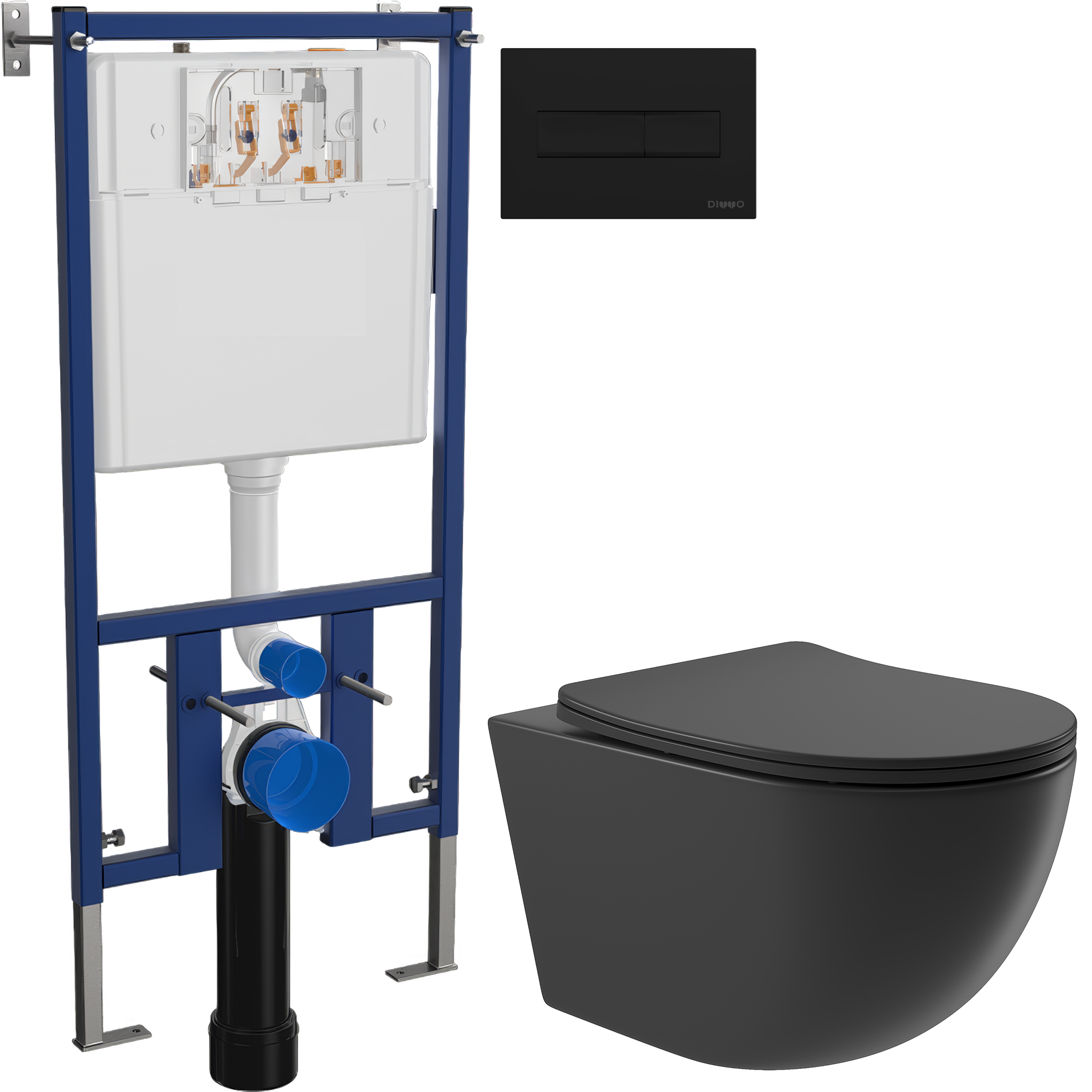 Комплект 3 в 1 Унитаз подвесной Aqueduto Ovo OVO0140 + Инсталляция DIWO 4501 + Кнопка 7323 цвет матовый черный