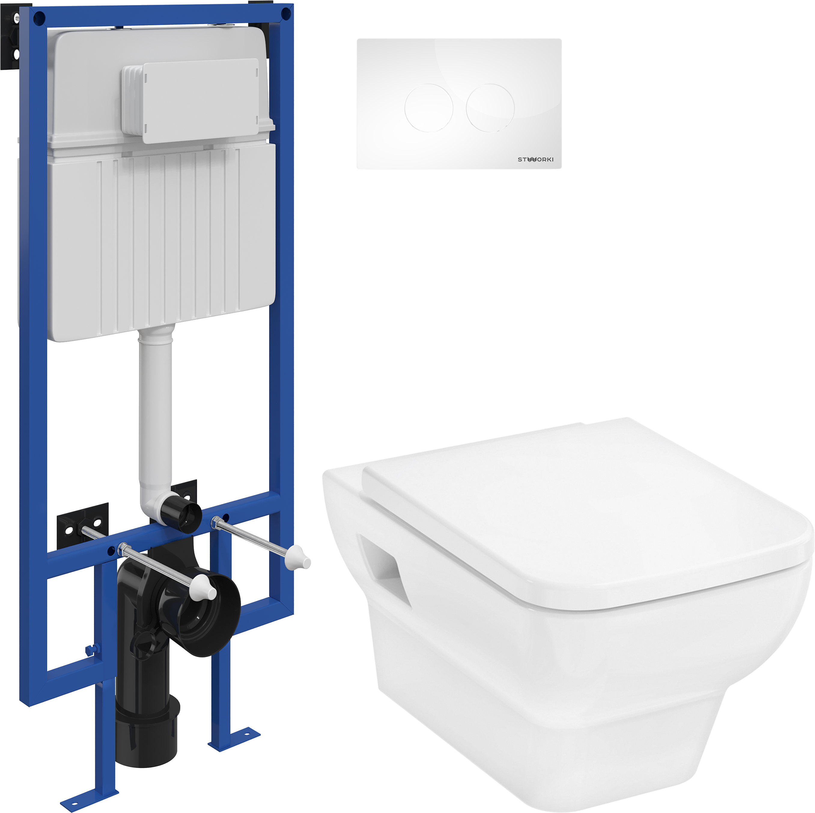 Комплект 3 в 1 Унитаз подвесной Hansgrohe CreekTide Q HGSET001 + Инсталляция STWORKI 510162 + Кнопка Хельсинки 500470 цвет глянцевый белый