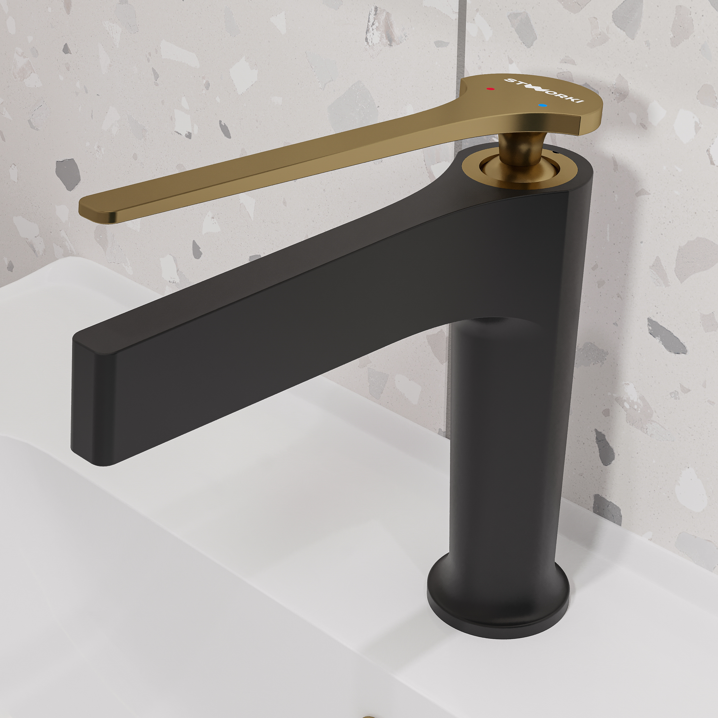 Комплект Смеситель STWORKI Аулум S06010BG матовый черный, матовое золото + Сифон SD-001GM золото матовое + Донный клапан SW-001GM золото матовое