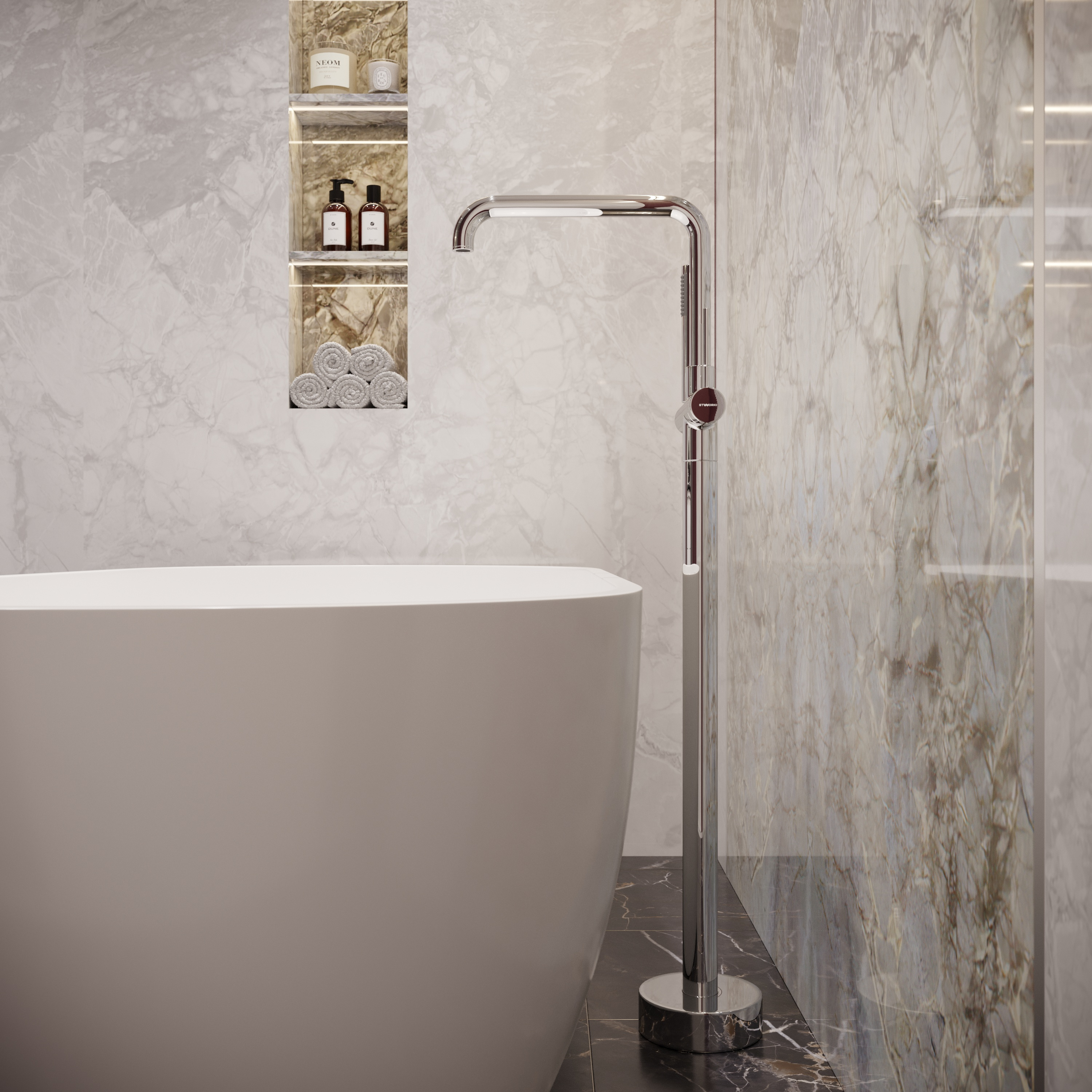 Напольный смеситель для ванны с душем STWORKI Лунд S25080CR С ВНУТРЕННЕЙ ЧАСТЬЮ, хром