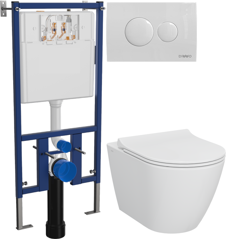 Комплект 4 в 1 Унитаз подвесной STWORKI Молде 7551N003-7700 безободковый + Сиденье 801-003-019 с микролифтом + Инсталляция DIWO 4501 + Кнопка 7310 цвет глянцевый белый