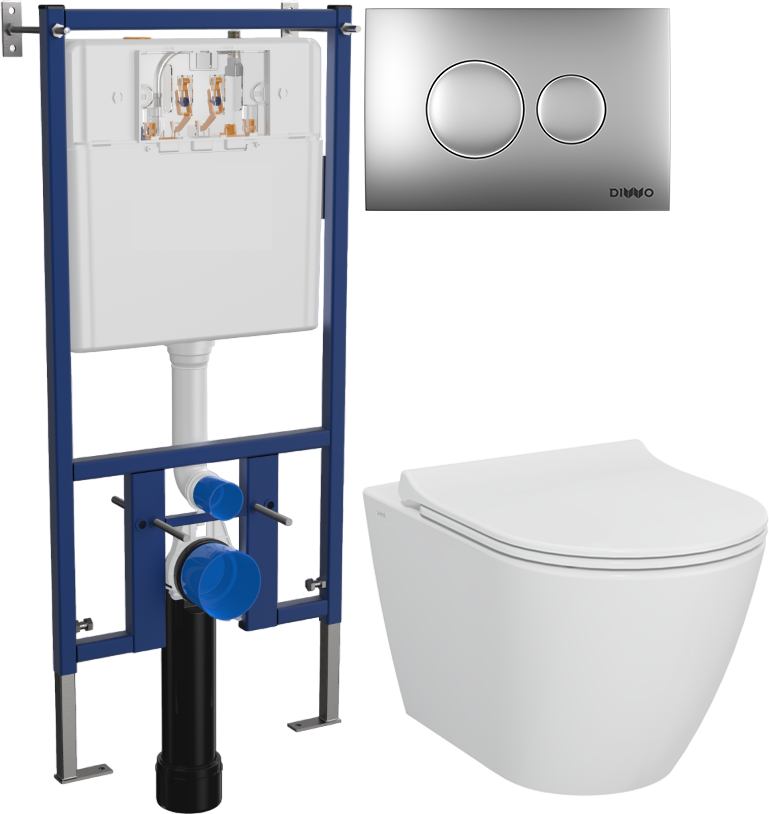 Комплект 4 в 1 Унитаз подвесной STWORKI Молде 7551N003-7700 безободковый + Сиденье 801-003-019 с микролифтом + Инсталляция DIWO 4501 + Кнопка 7311 цвет матовый хром