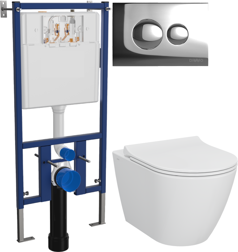 Комплект 4 в 1 Унитаз подвесной STWORKI Молде 7551N003-7700 безободковый + Сиденье 801-003-019 с микролифтом + Инсталляция DIWO 4501 + Кнопка 7312 цвет хром
