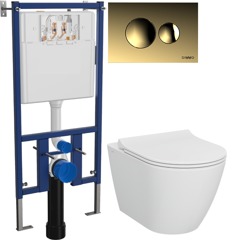 Комплект 4 в 1 Унитаз подвесной STWORKI Молде 7551N003-7700 безободковый + Сиденье 801-003-019 с микролифтом + Инсталляция DIWO 4501 + Кнопка 7315 цвет матовое золото