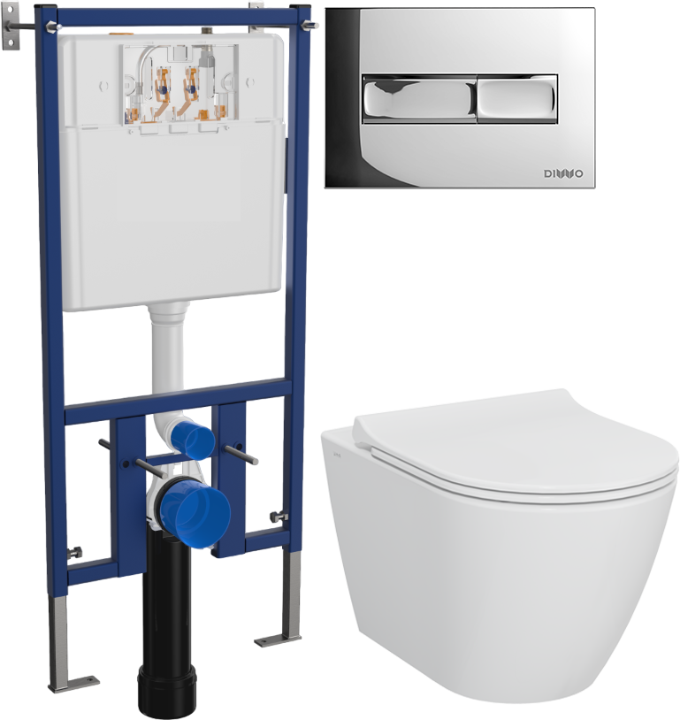 Комплект 4 в 1 Унитаз подвесной STWORKI Молде 7551N003-7700 безободковый + Сиденье 801-003-019 с микролифтом + Инсталляция DIWO 4501 + Кнопка 7322 цвет глянцевый хром