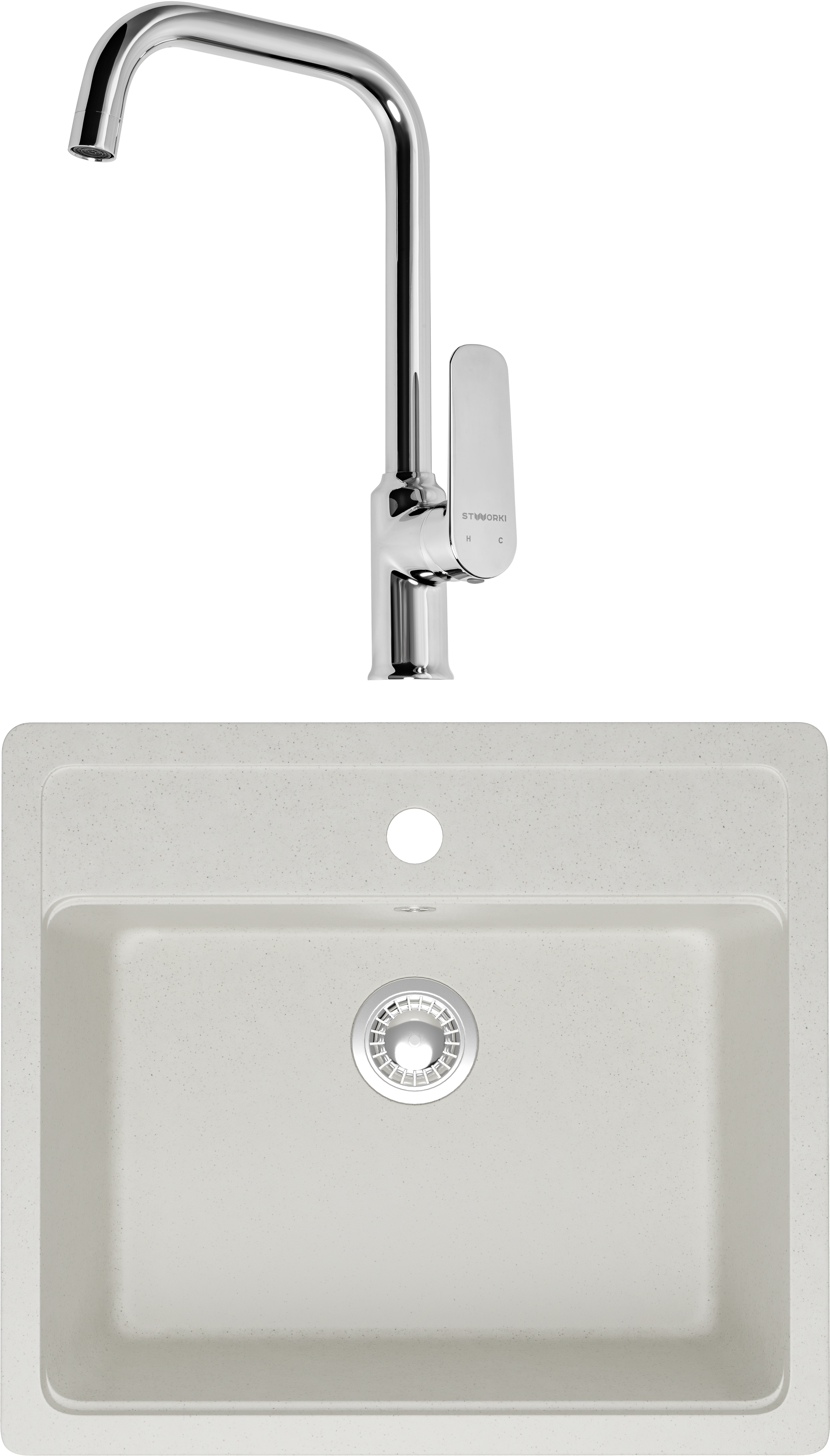 Комплект Мойка Domaci Болонья М-09-001 белая + Смеситель STWORKI WFD04005GA