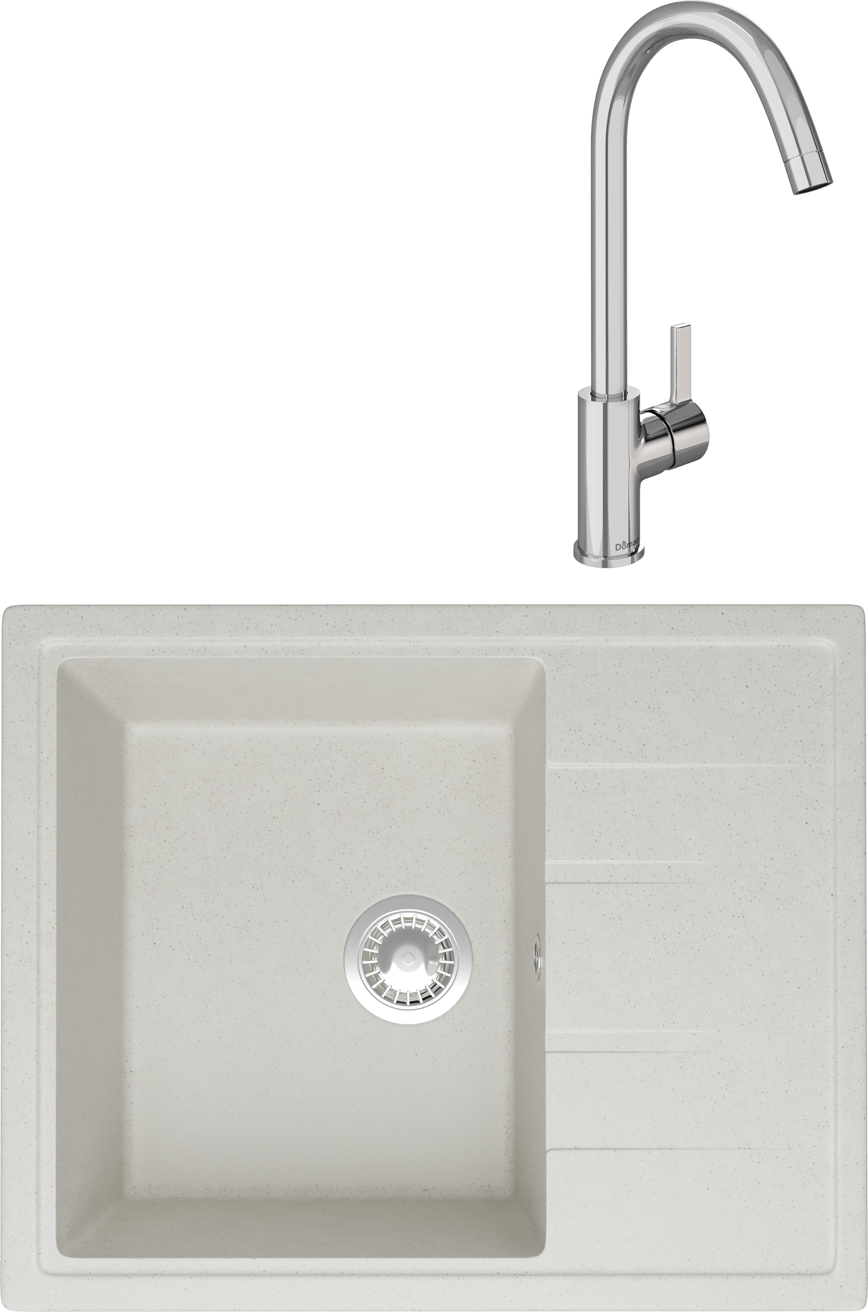 Комплект Мойка Domaci Болонья М-150-001 белая + Смеситель Ливорно 33080-229/1GB-IG11