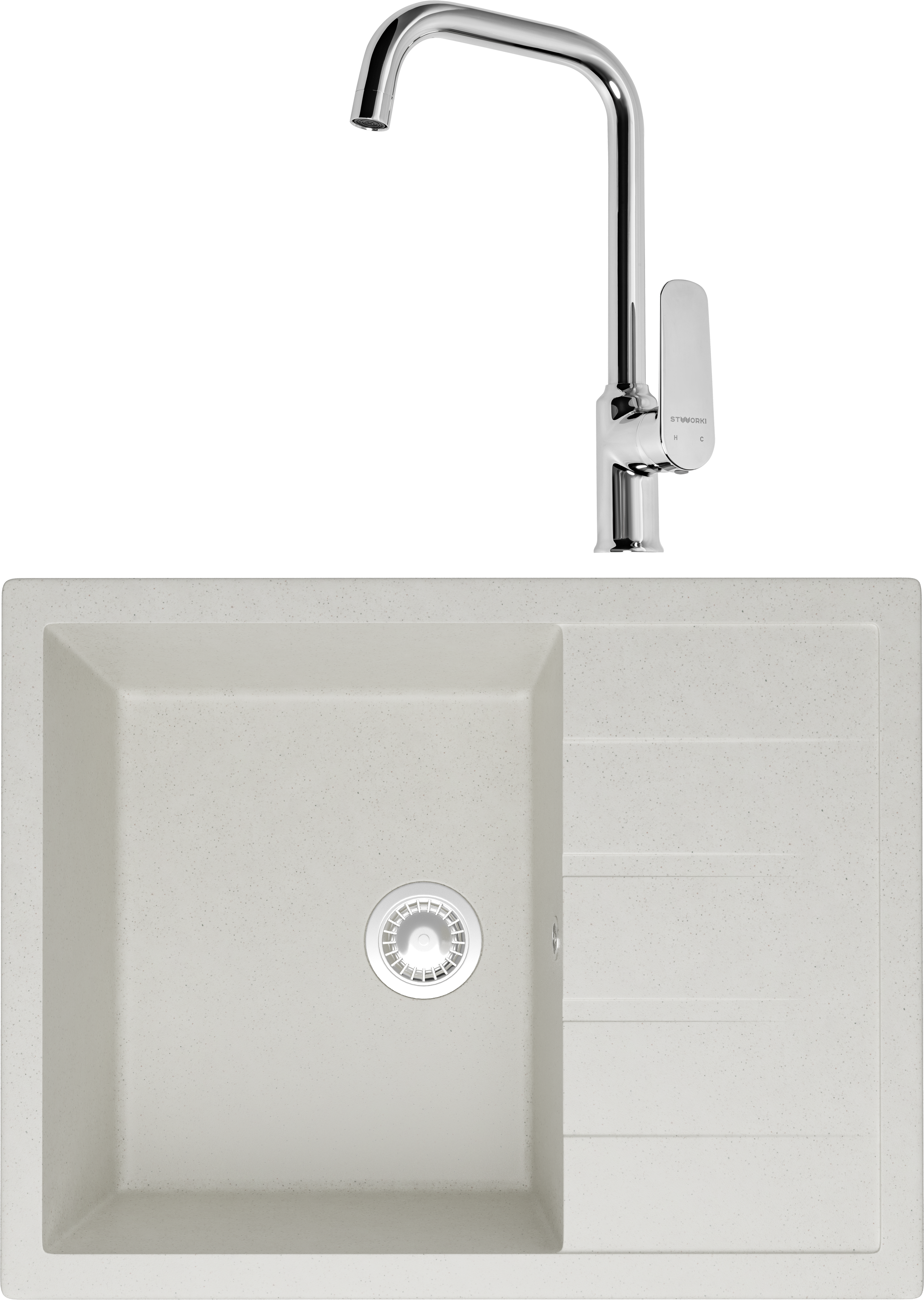Комплект Мойка Domaci Болонья М-151-001 белая + Смеситель STWORKI WFD04005GA