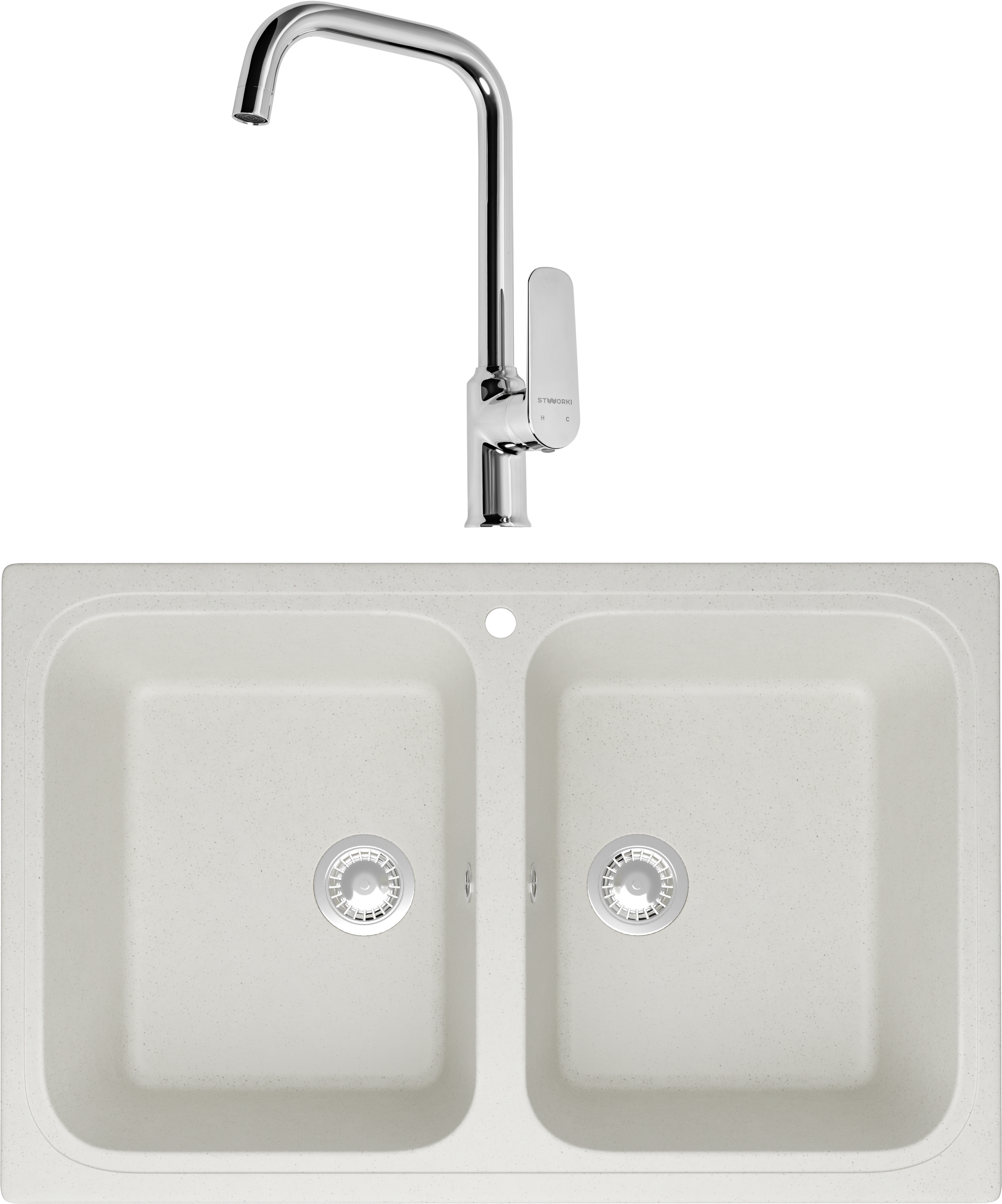 Комплект Мойка Domaci Болонья М-20-001 белая + Смеситель STWORKI WFD04005GA