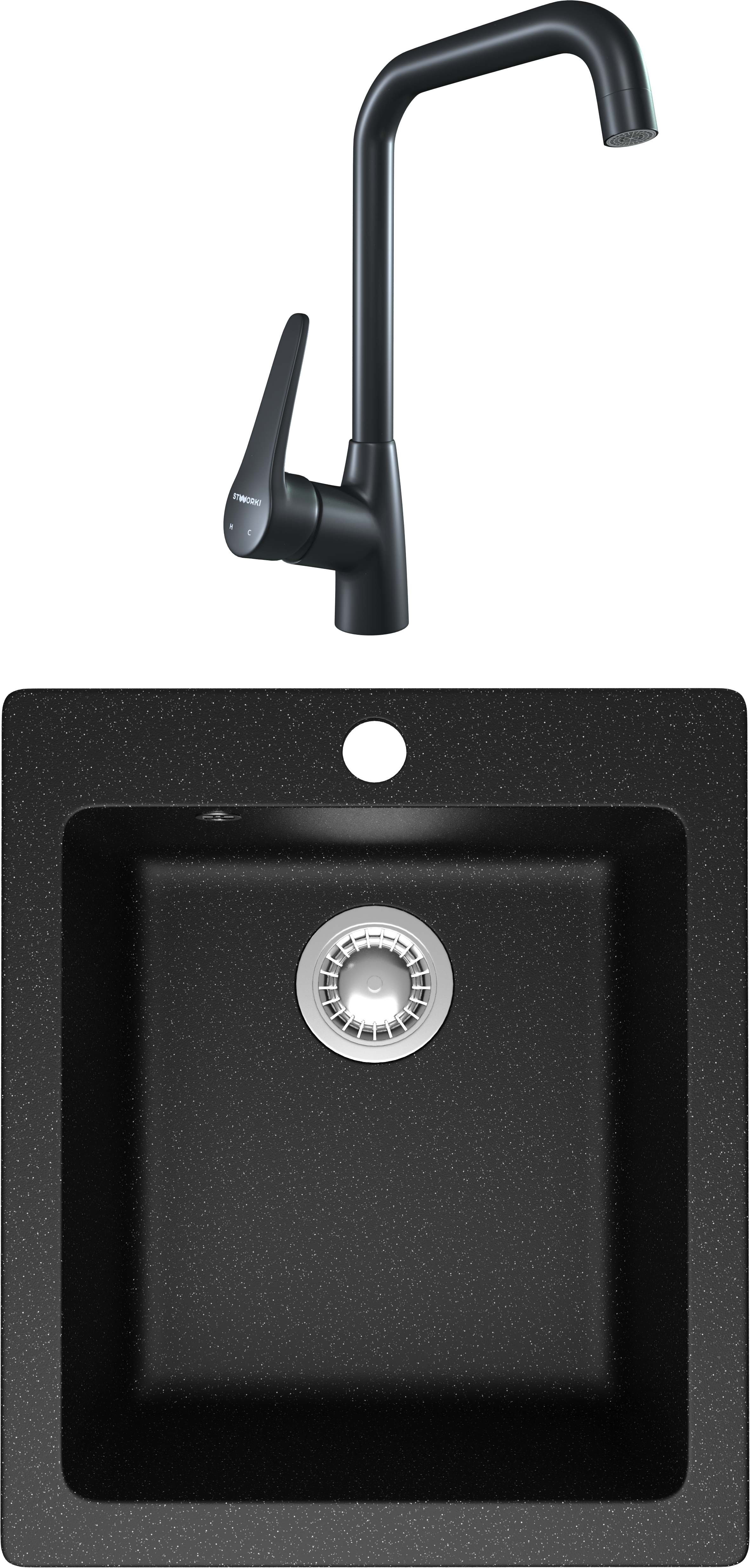 Комплект Мойка Domaci Болонья М-08-002 черная + Смеситель STWORKI WFD04007GA черный матовый