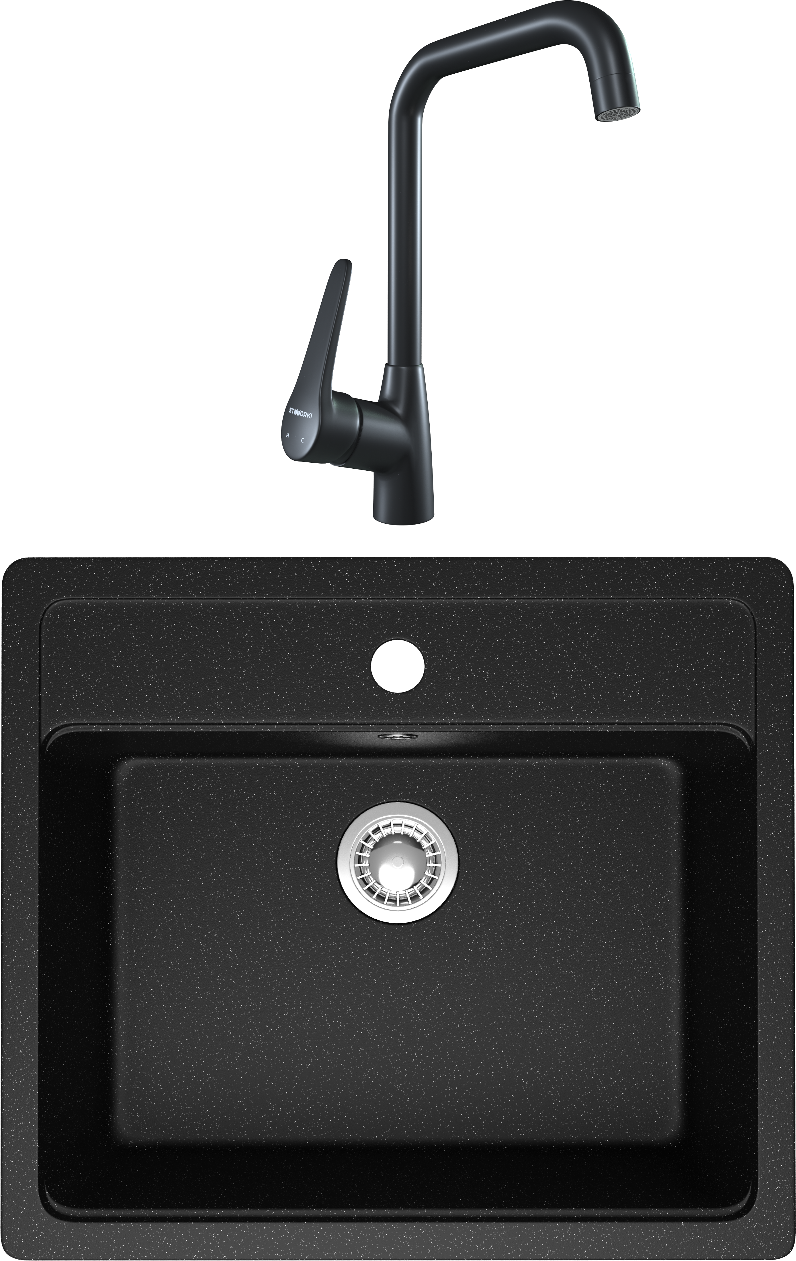 Комплект Мойка Domaci Болонья М-09-002 черная + Смеситель STWORKI WFD04007GA черный матовый