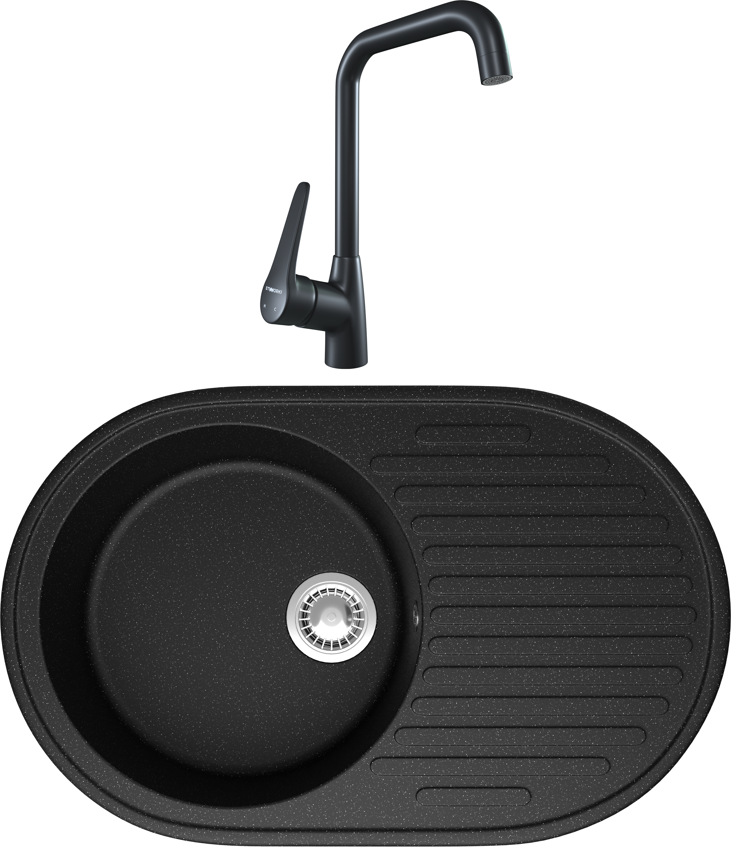 Комплект Мойка Domaci Болонья М-11-002 черная + Смеситель STWORKI WFD04007GA черный матовый