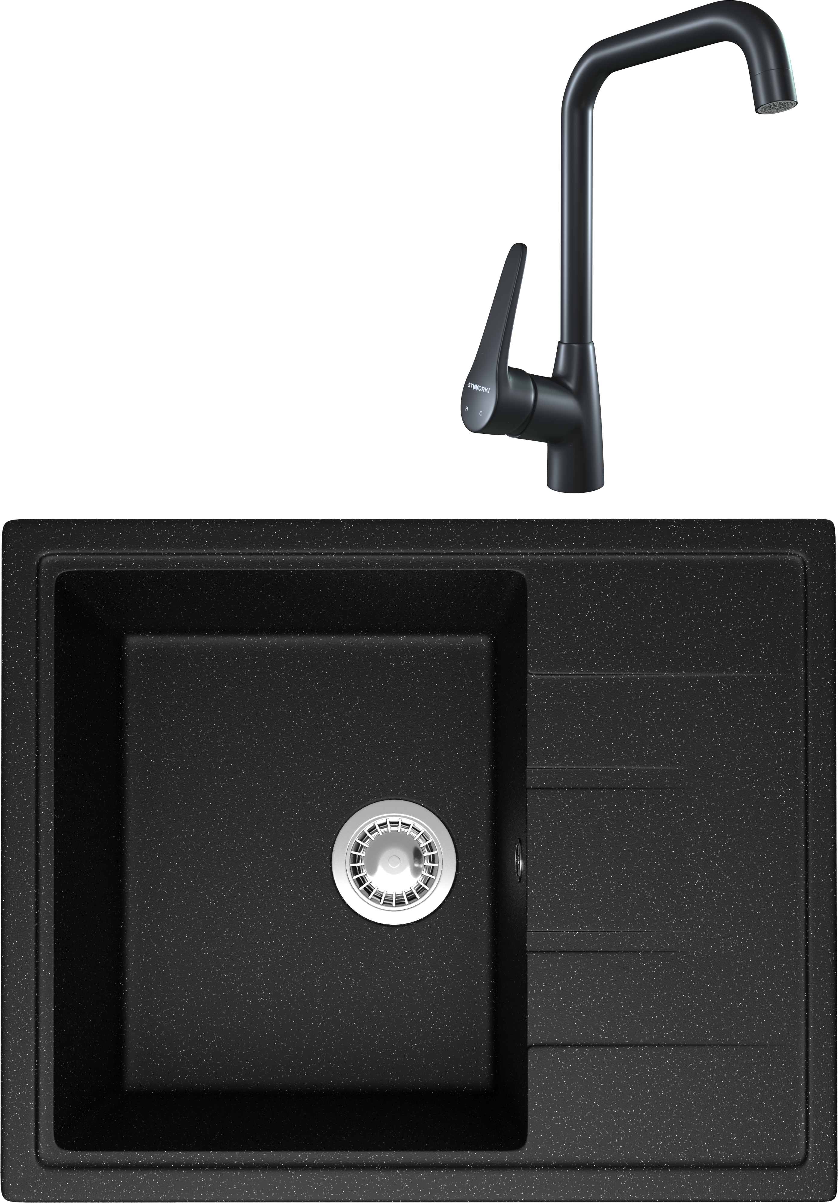 Комплект Мойка Domaci Болонья М-150-002 черная + Смеситель STWORKI WFD04007GA черный матовый