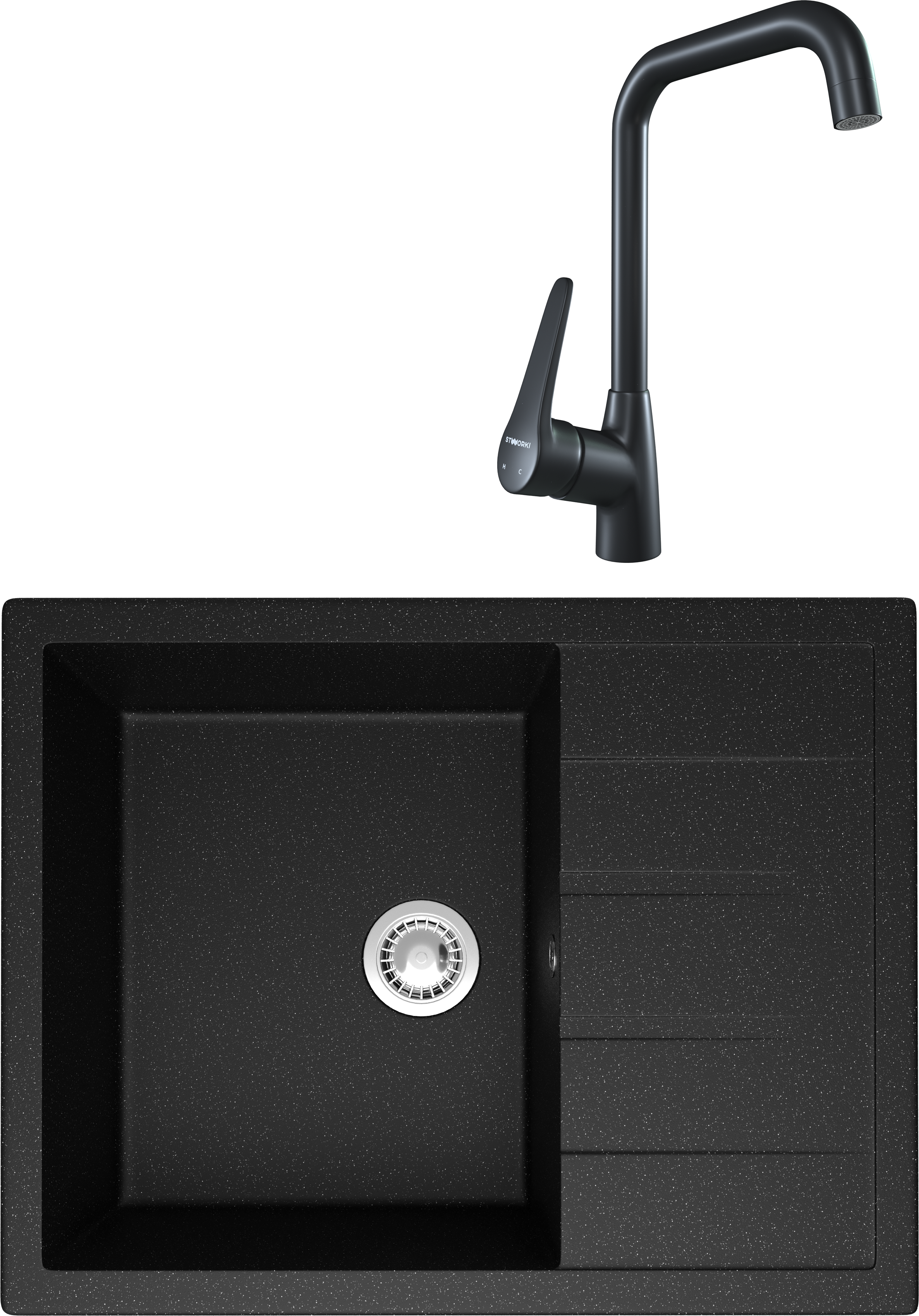 Комплект Мойка Domaci Болонья М-151-002 черная + Смеситель STWORKI WFD04007GA черный матовый