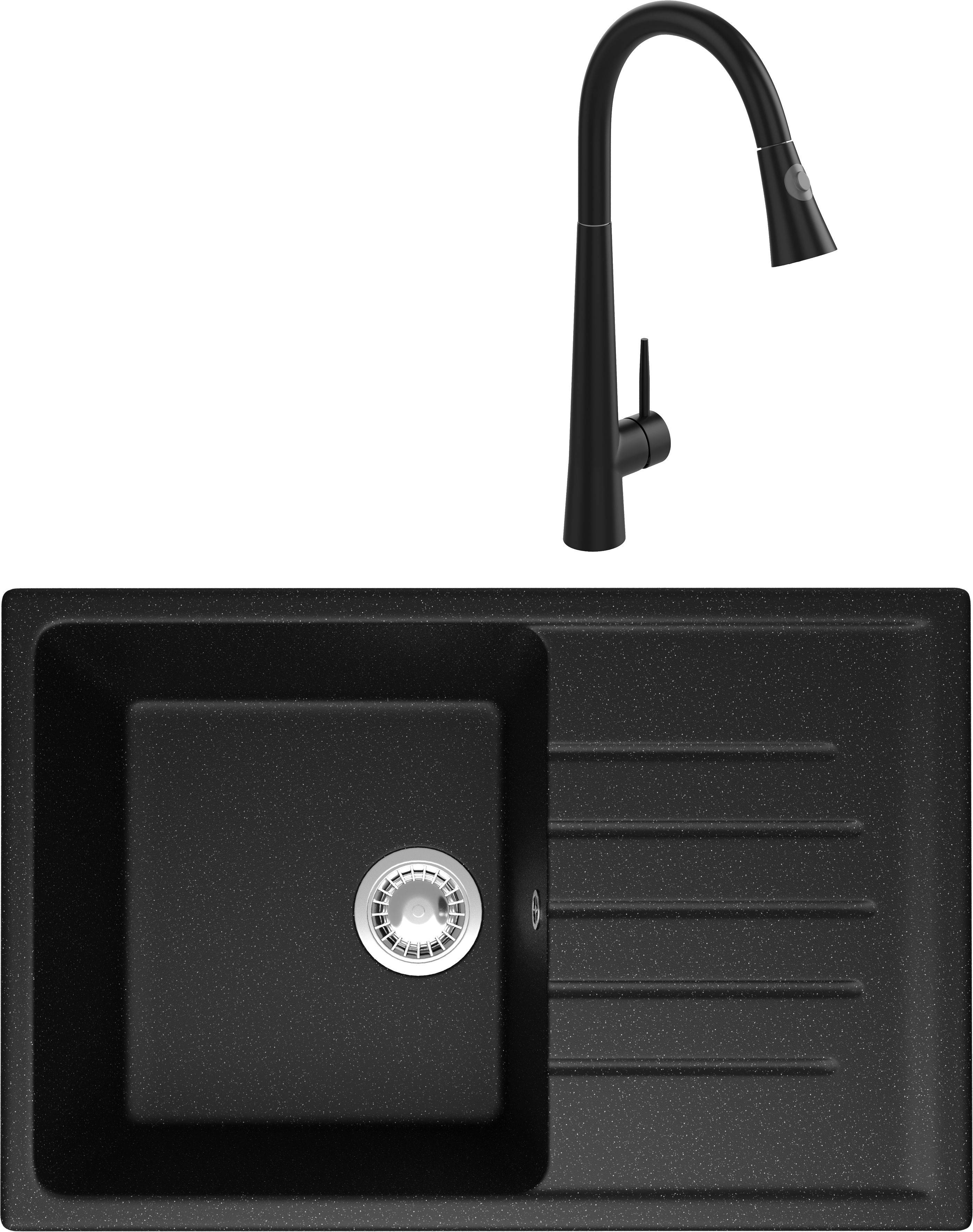 Комплект Мойка Domaci Болонья М-16-002 черная + Смеситель Ливорно WFD04098 черный