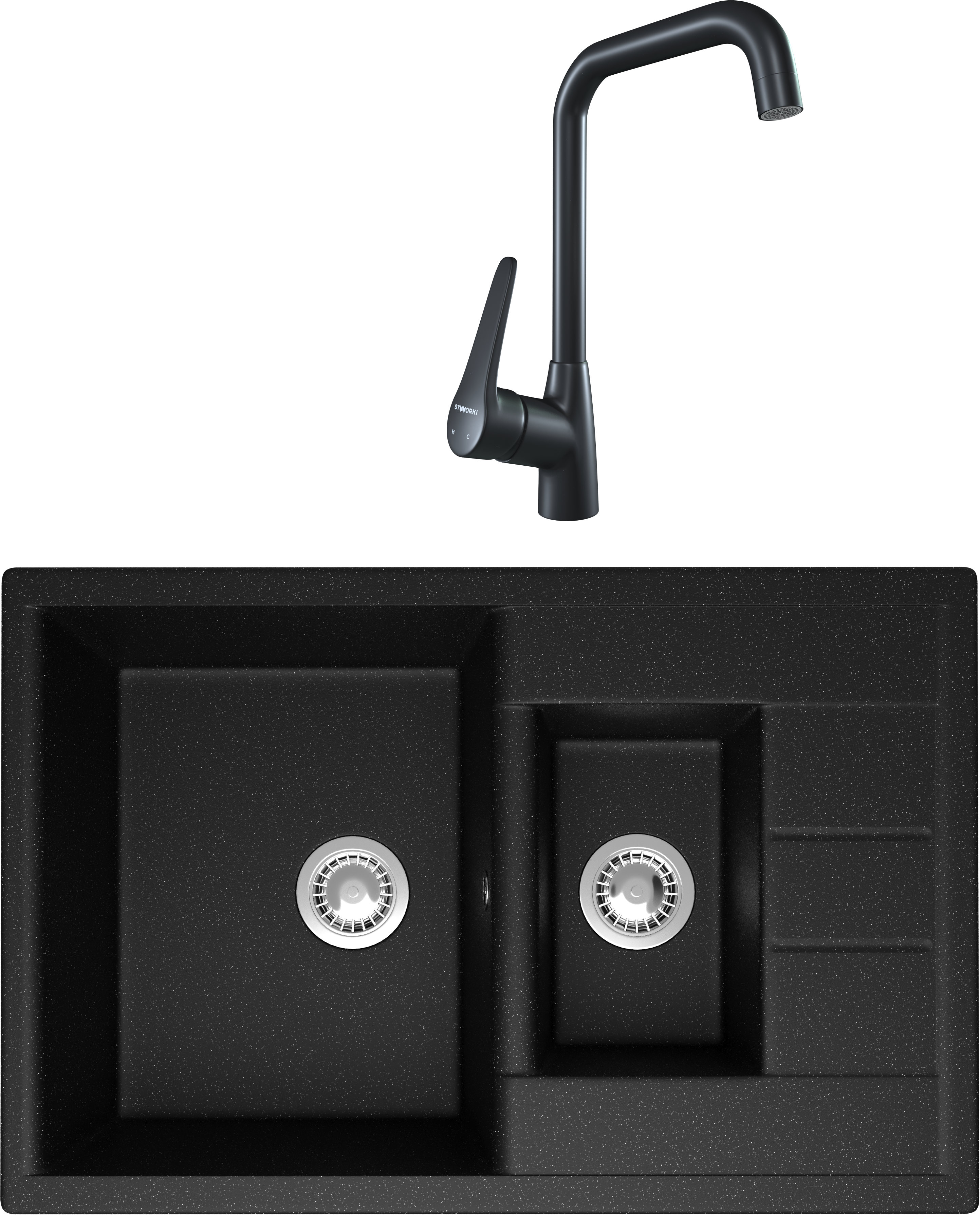 Комплект Мойка Domaci Болонья М-210-002 черная + Смеситель STWORKI WFD04007GA черный матовый