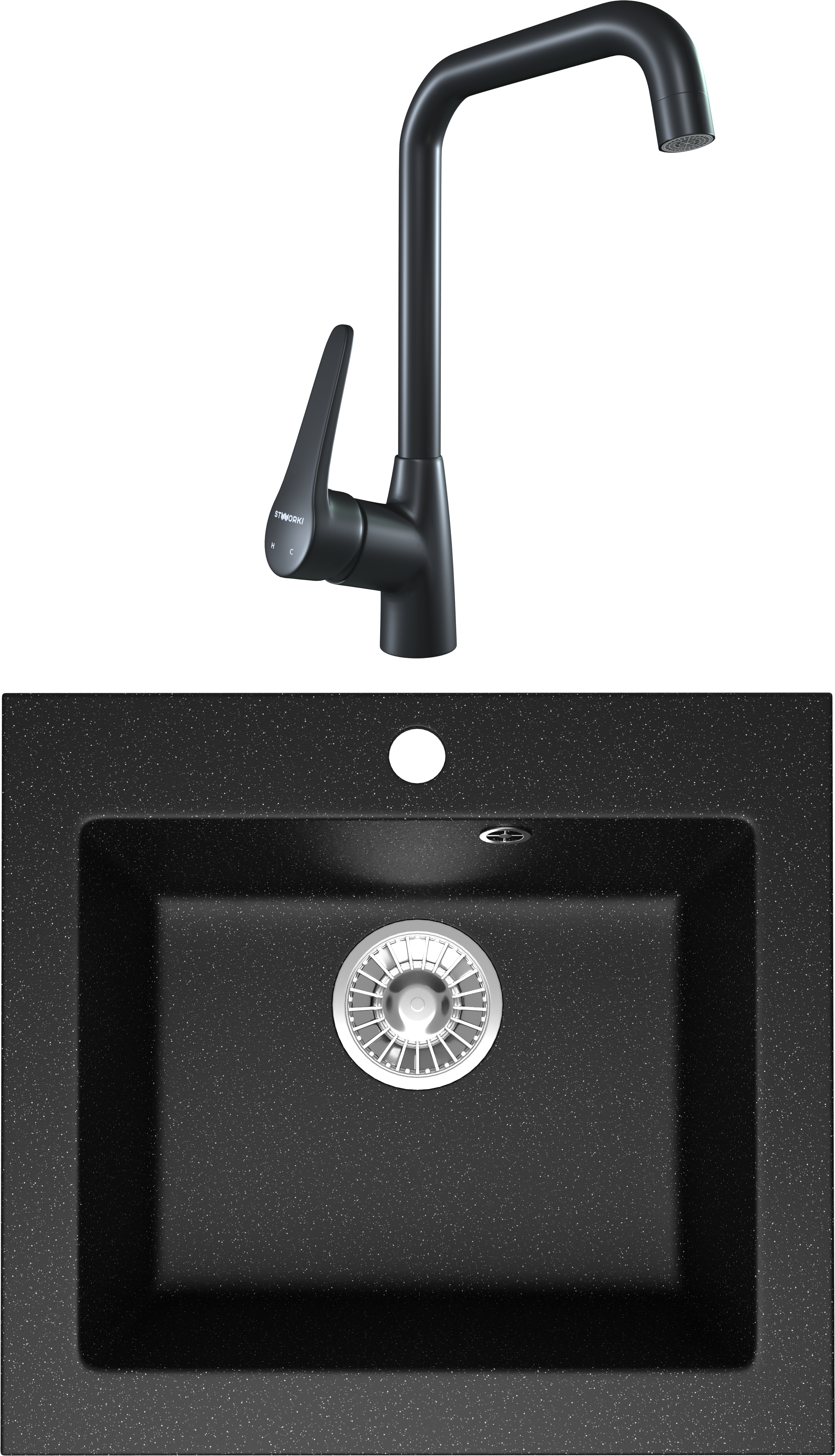 Комплект Мойка Domaci Болонья М-35-002 черная + Смеситель STWORKI WFD04007GA черный матовый