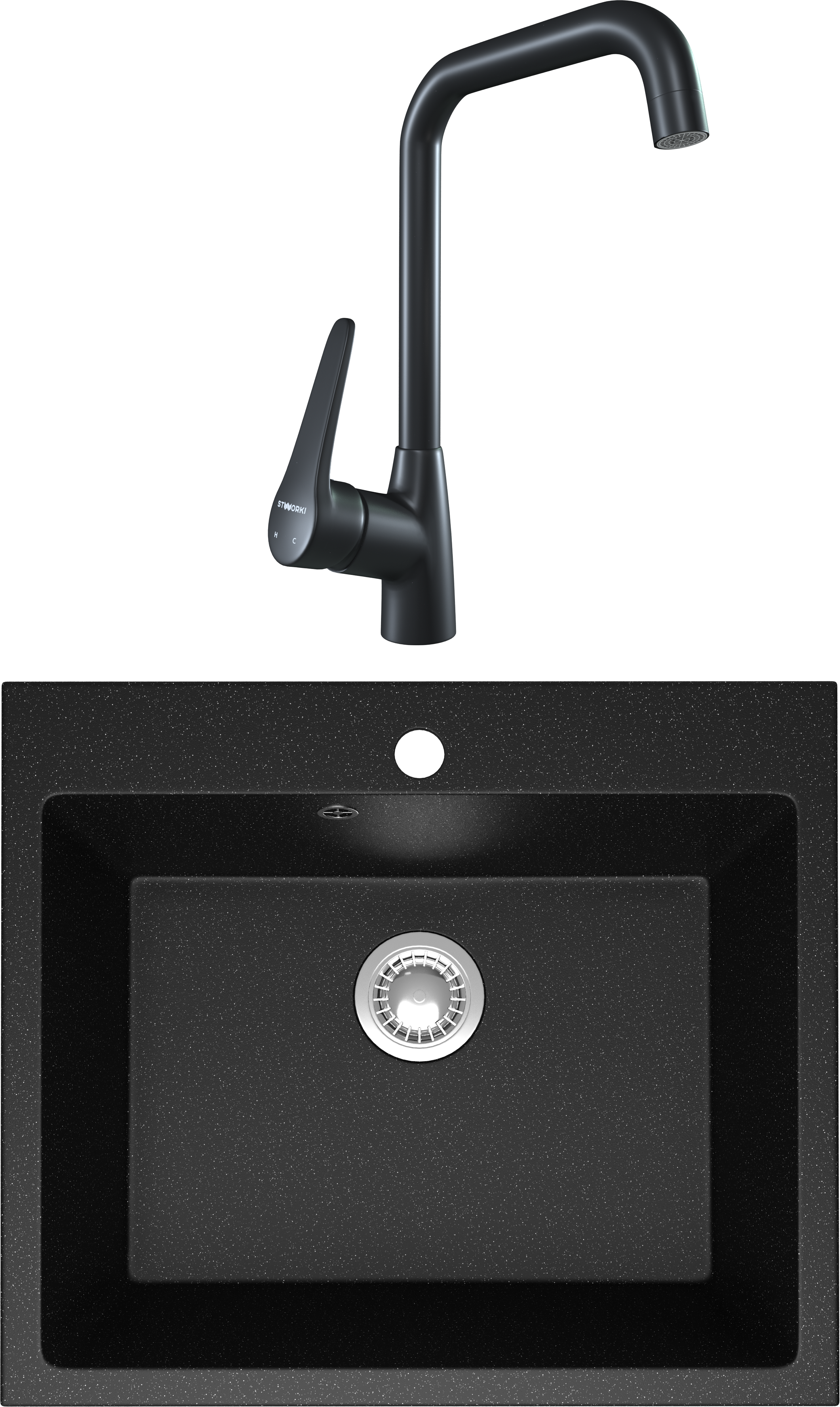 Комплект Мойка Domaci Болонья М-44-002 черная + Смеситель STWORKI WFD04007GA черный матовый