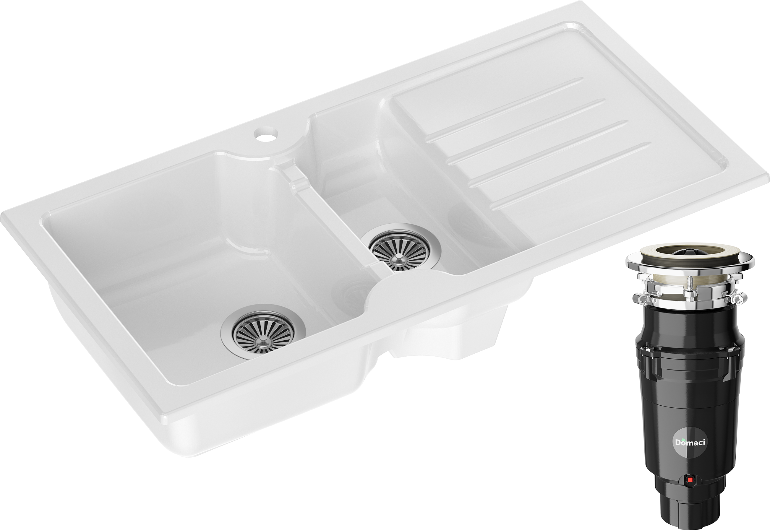 Комплект Мойка кухонная Domaci Сиена 54100-101 белый глянец + Измельчитель Равенна Vento Plus 560