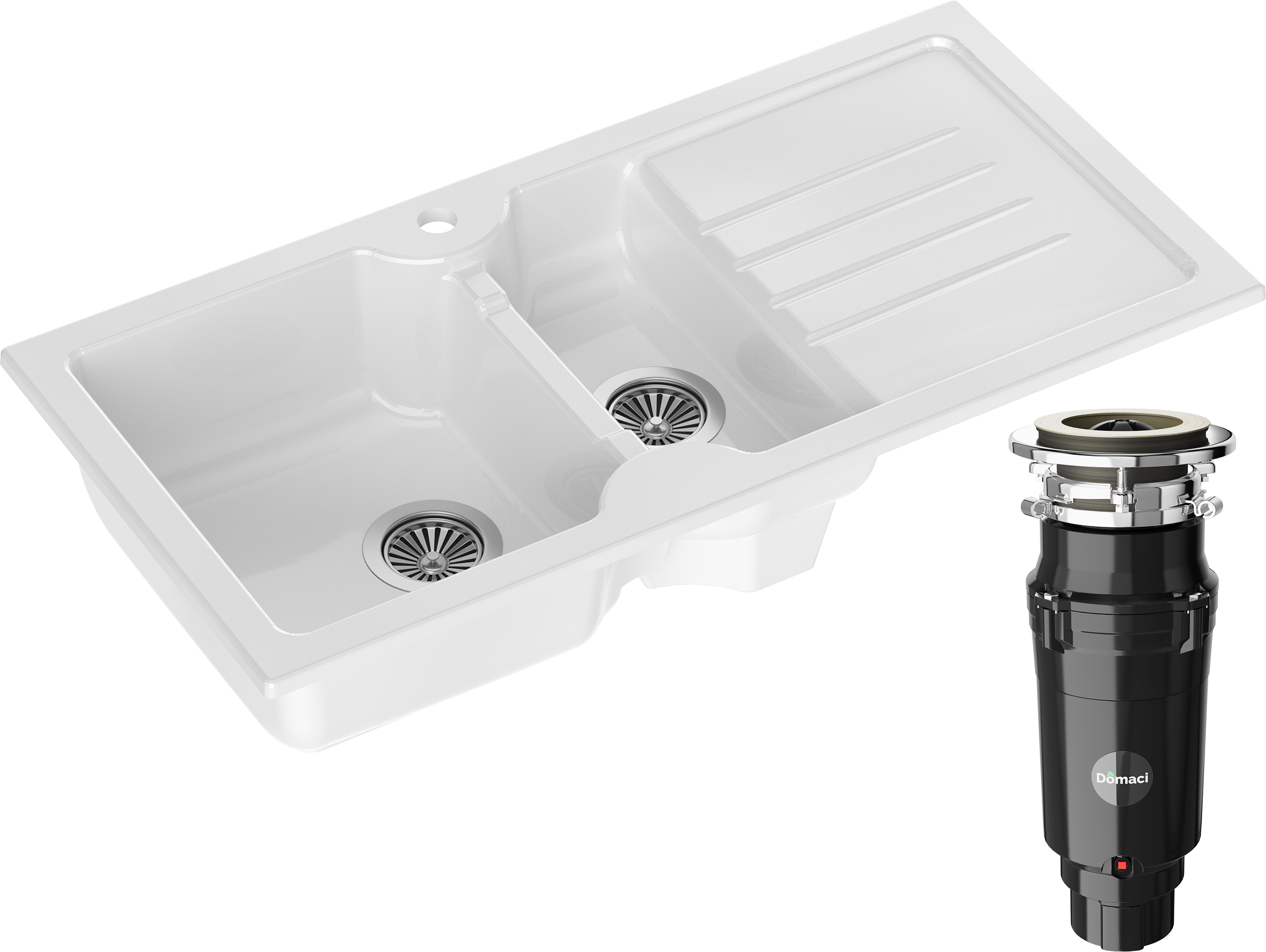 Комплект Мойка кухонная Domaci Сиена 54100-101 белый глянец + Измельчитель Равенна Vento Max 750