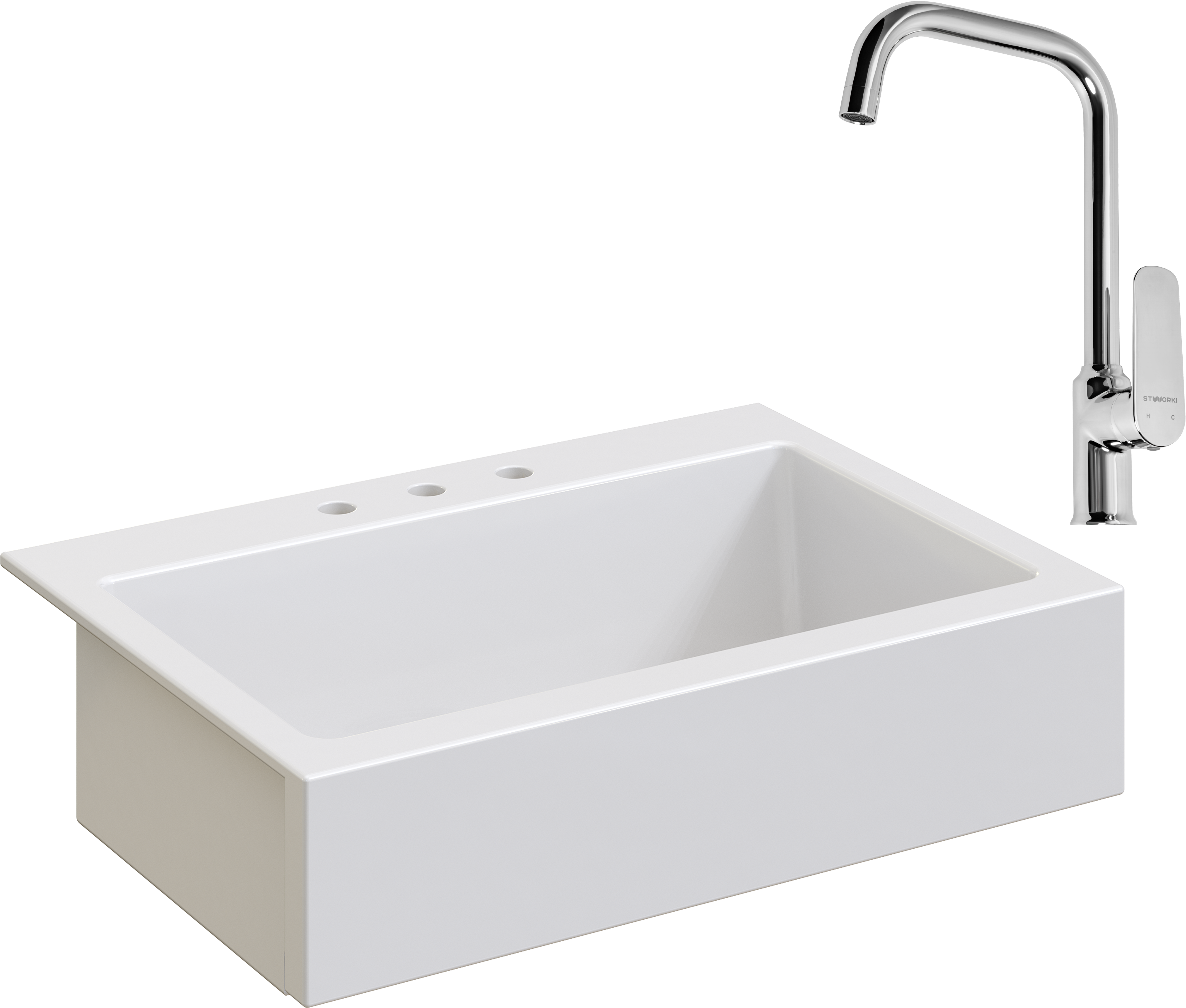 Комплект Мойка Domaci Сиена 50186-101 с 3 отверстиями, белый глянец + Смеситель STWORKI