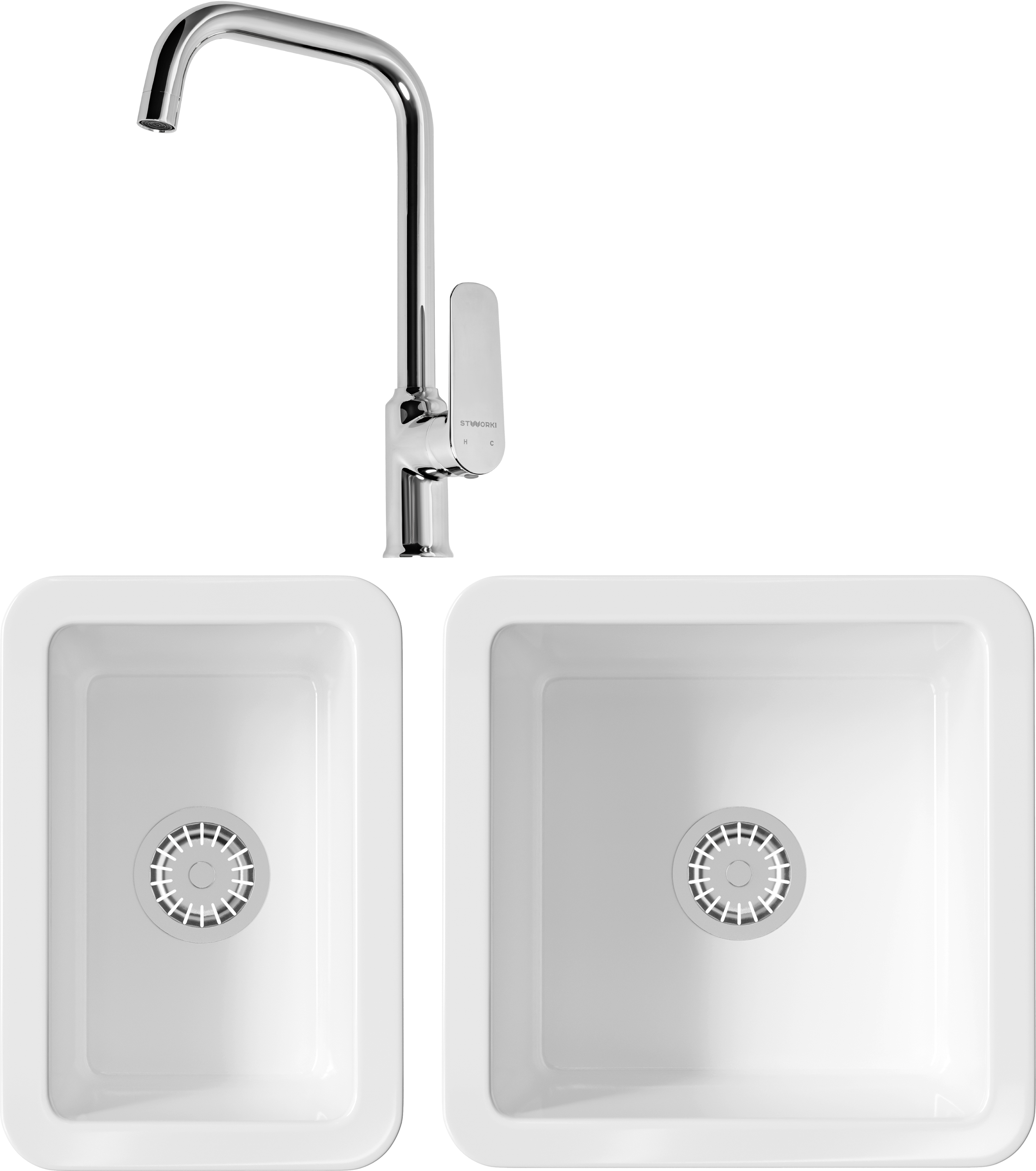 Комплект Мойка Domaci Сиена 50345-101 белый глянец + Мойка 50325-101 белый глянец + Смеситель STWORKI WFD04005GA