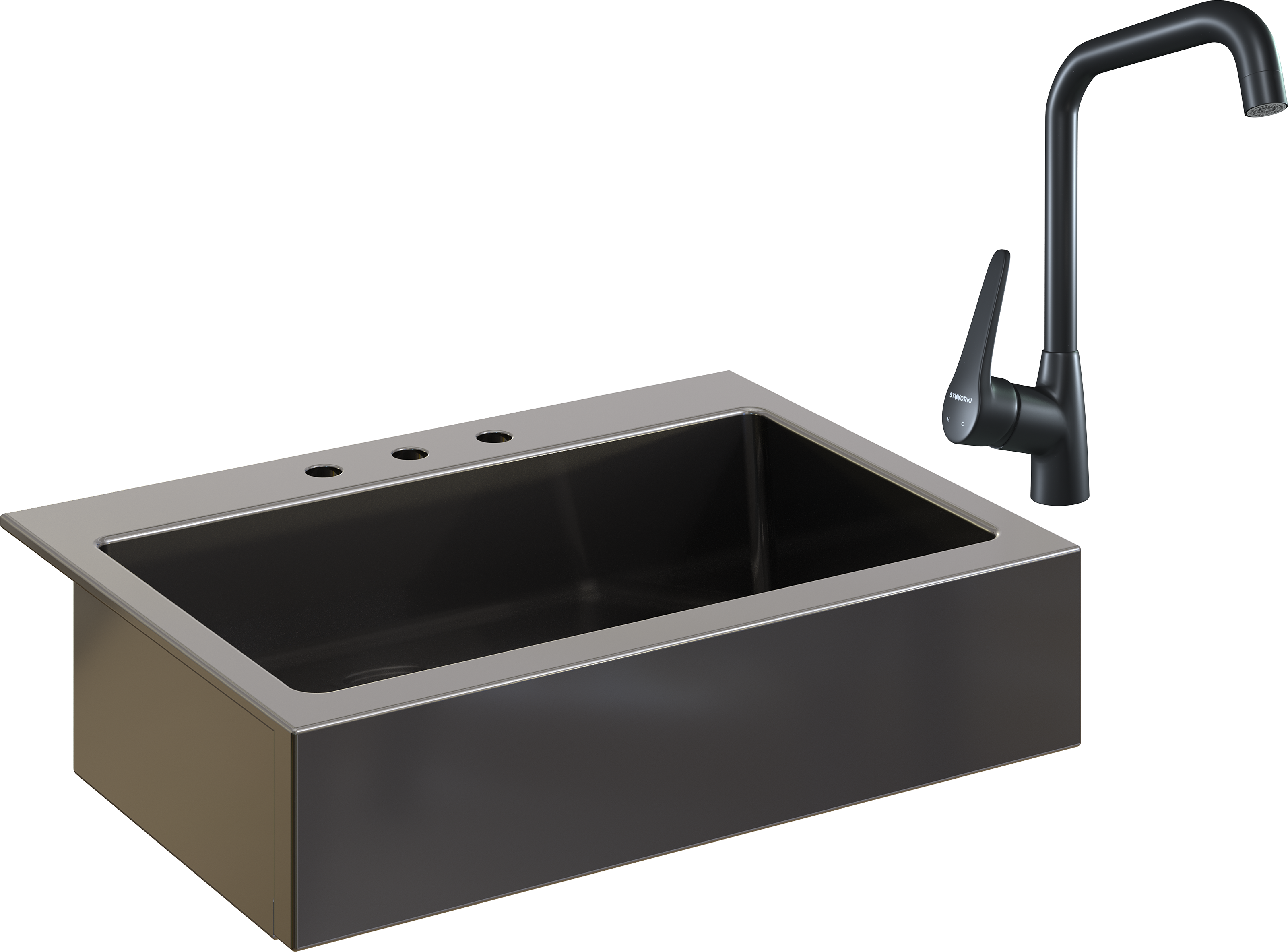 Комплект Мойка кухонная Domaci Сиена 50186-110 с 3 отверстиями, черная матовая + Смеситель STWORKI WFD04007GA черный матовый