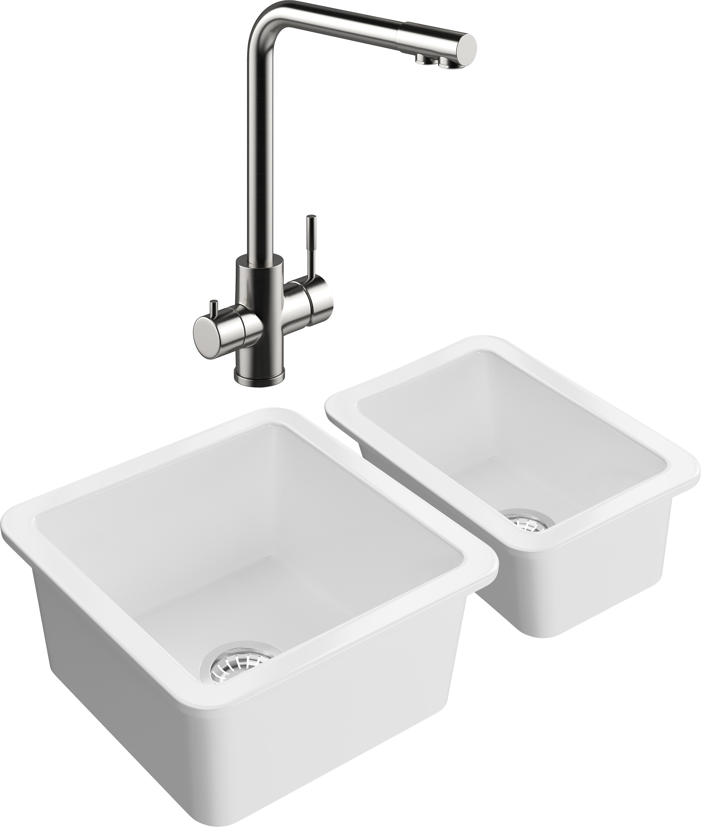 Комплект Мойка кухонная Domaci Сиена 50345-101 белый глянец + Мойка 50325-101 белый глянец + Смеситель Ливорно WFD04018 брашированная сталь