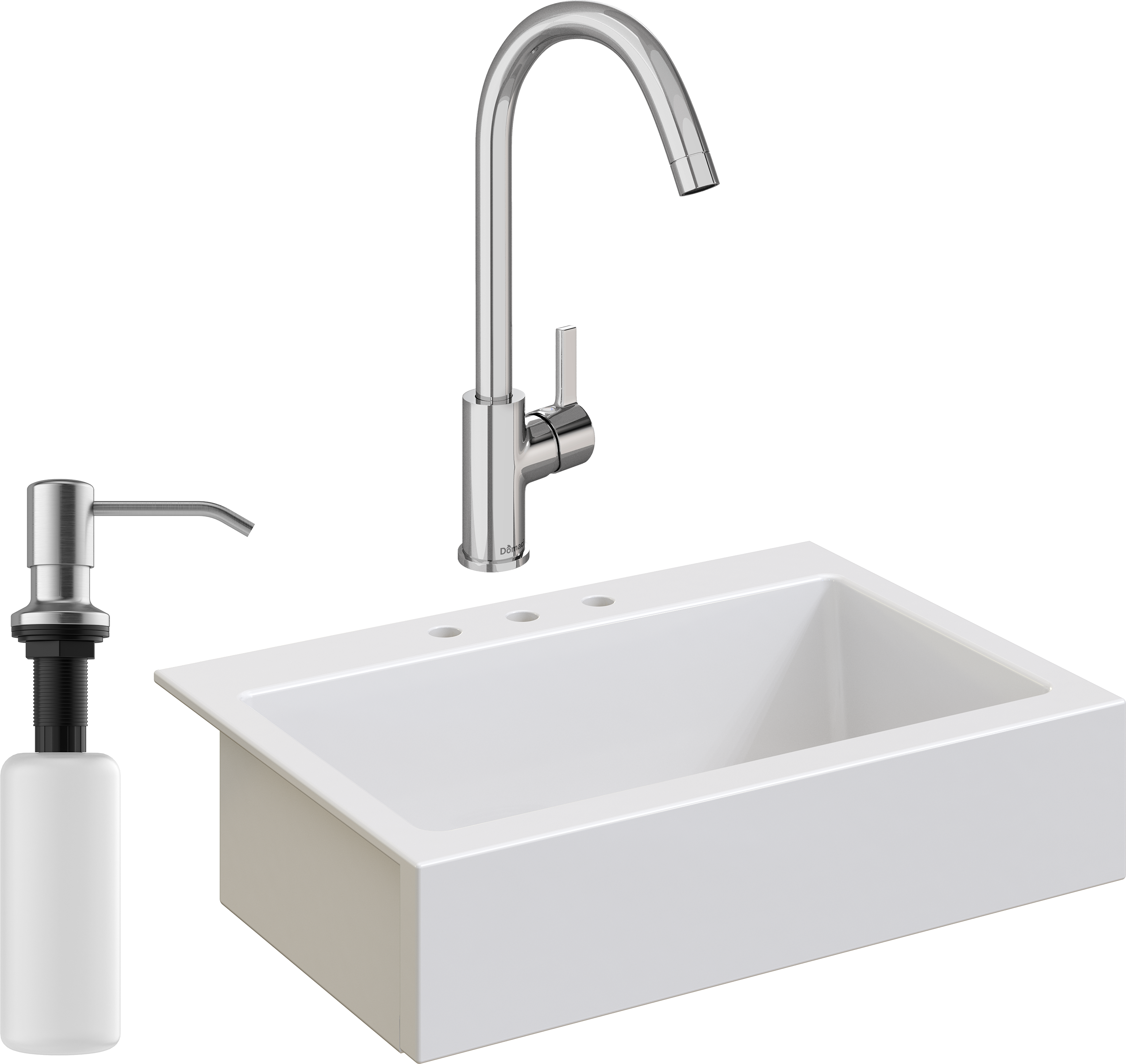 Комплект Мойка Domaci Сиена 50186-101 с 3 отверстиями, белый глянец + Смеситель Ливорно + Дозатор Равенна 401 сатин