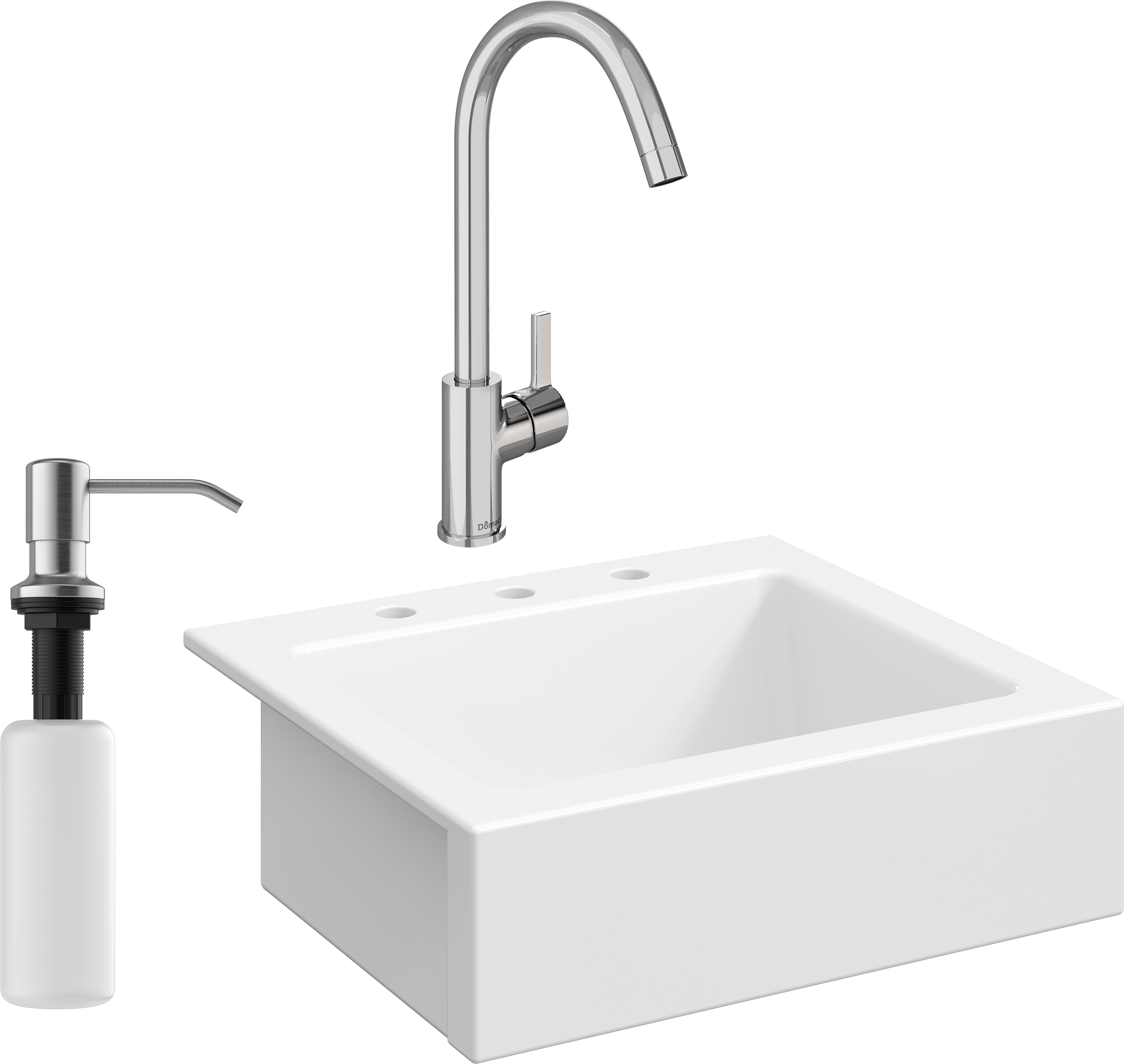 Комплект Мойка Domaci Сиена 50166-101 с 3 отверстиями, белый глянец + Смеситель Ливорно 33080-229/1GB-IG11 + Дозатор Равенна 401 сатин