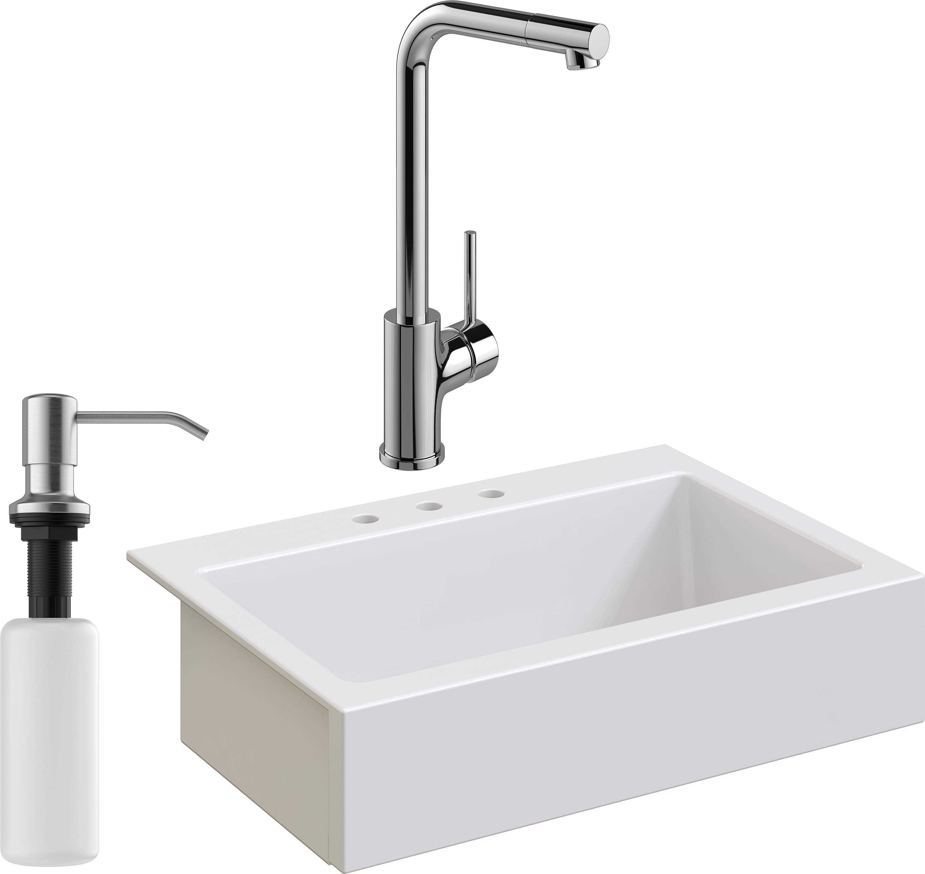 Комплект Мойка Domaci Сиена 50186-101 с 3 отверстиями, белый глянец + Смеситель Ливорно WFD05002K + Дозатор Равенна 401 сатин