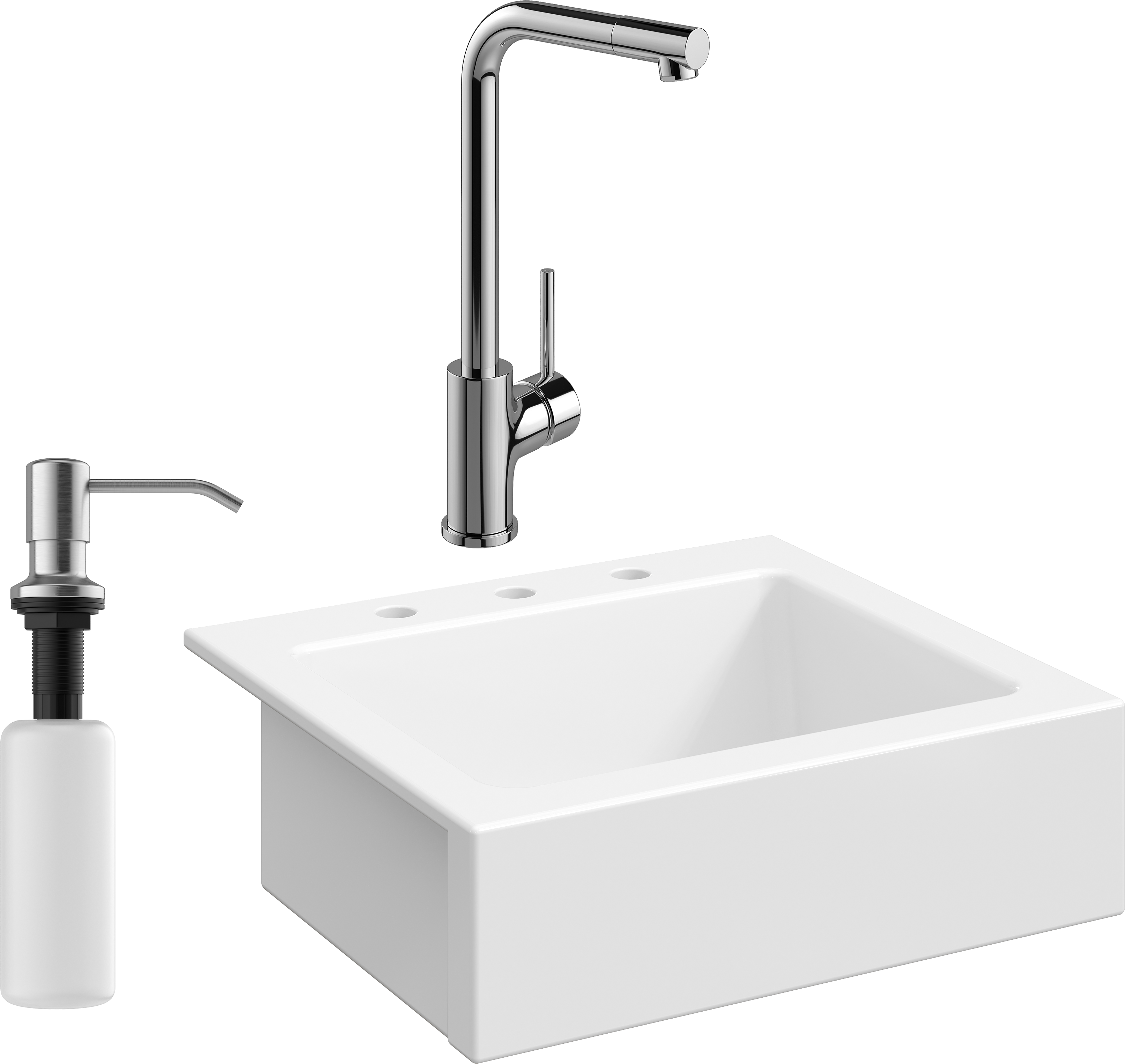 Комплект Мойка Domaci Сиена 50166-101 с 3 отверстиями, белый глянец + Смеситель Ливорно WFD05002K + Дозатор Равенна 401 сатин