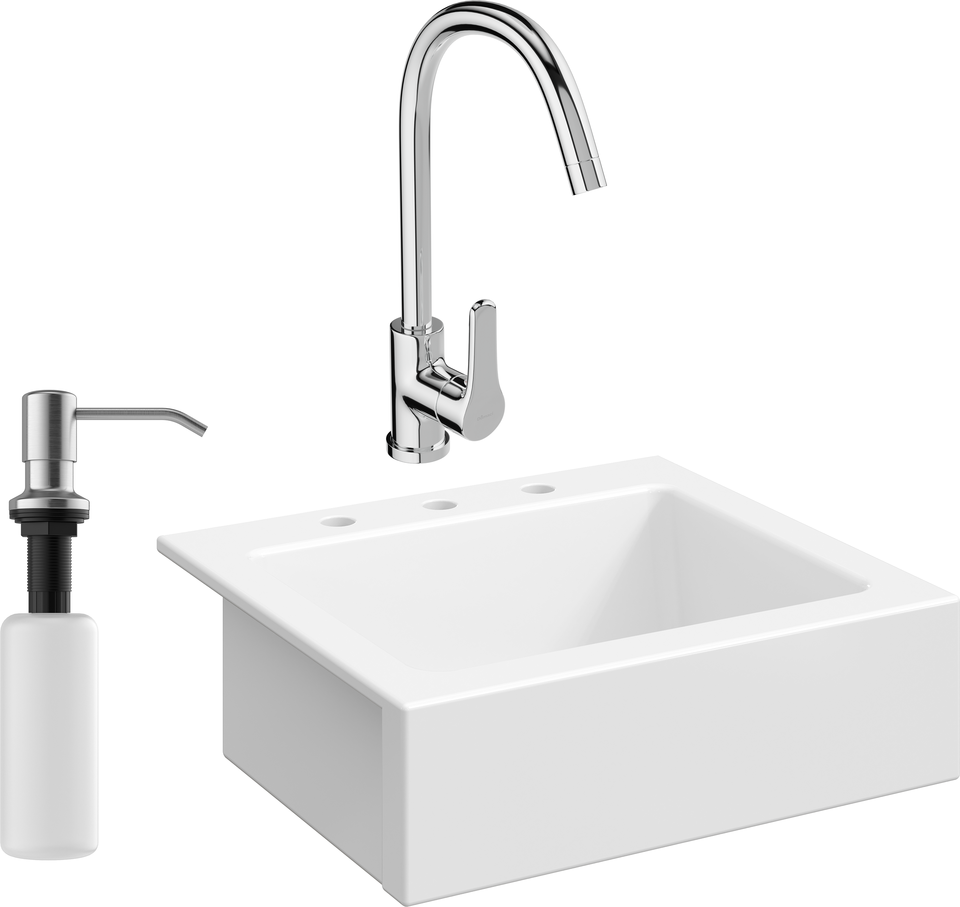 Комплект Мойка Domaci Сиена 50166-101 с 3 отверстиями, белый глянец + Смеситель Ливорно 33110-205/1CG-IG11 + Дозатор Равенна 401 сатин