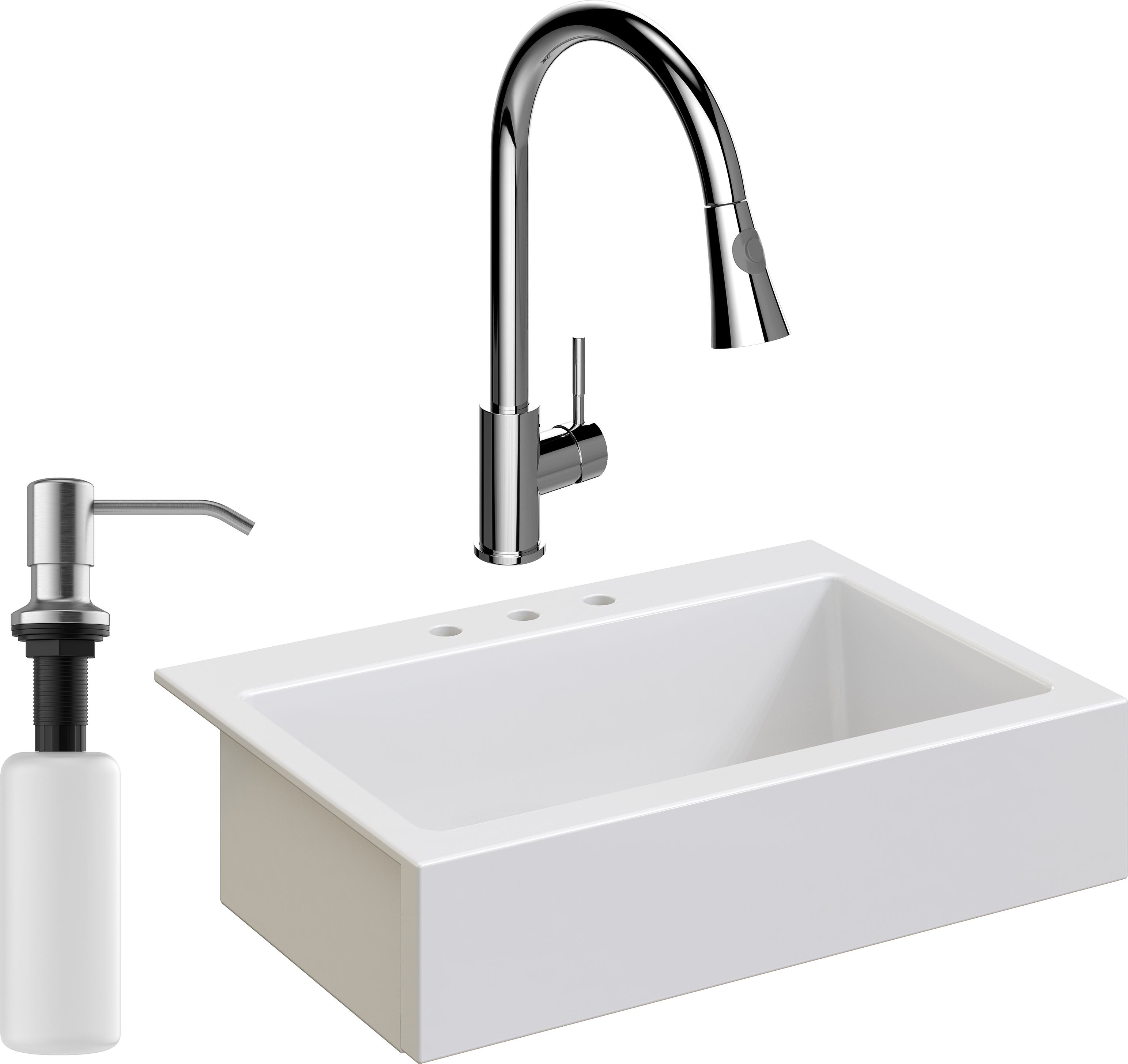 Комплект Мойка кухонная Domaci Сиена 50186-101 с 3 отверстиями, белый глянец + Смеситель Ливорно WFD04093 + Дозатор Равенна 401 сатин