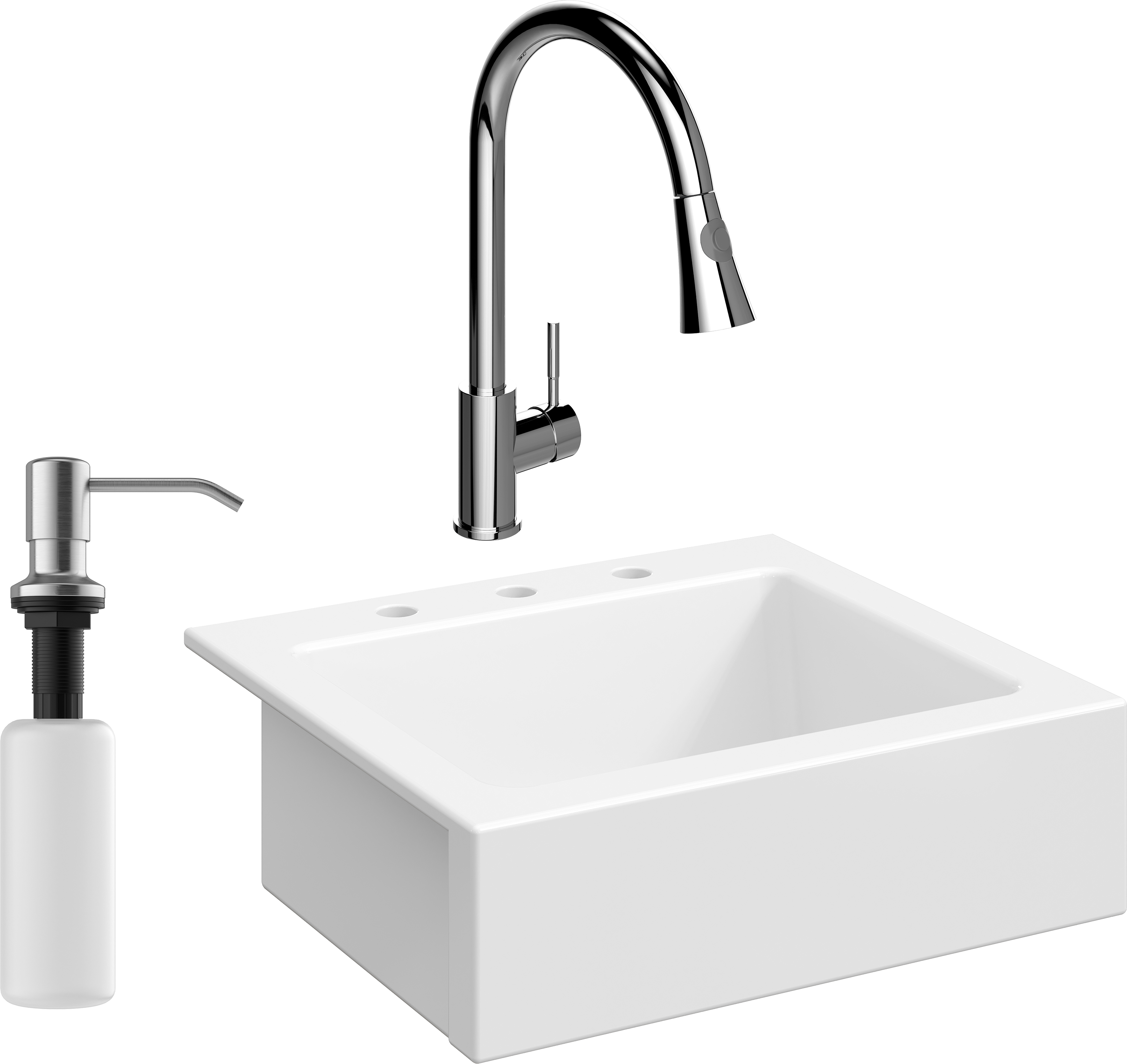 Комплект Мойка Domaci Сиена 50166-101 с 3 отверстиями, белый глянец + Смеситель Ливорно WFD04093 + Дозатор Равенна 401 сатин