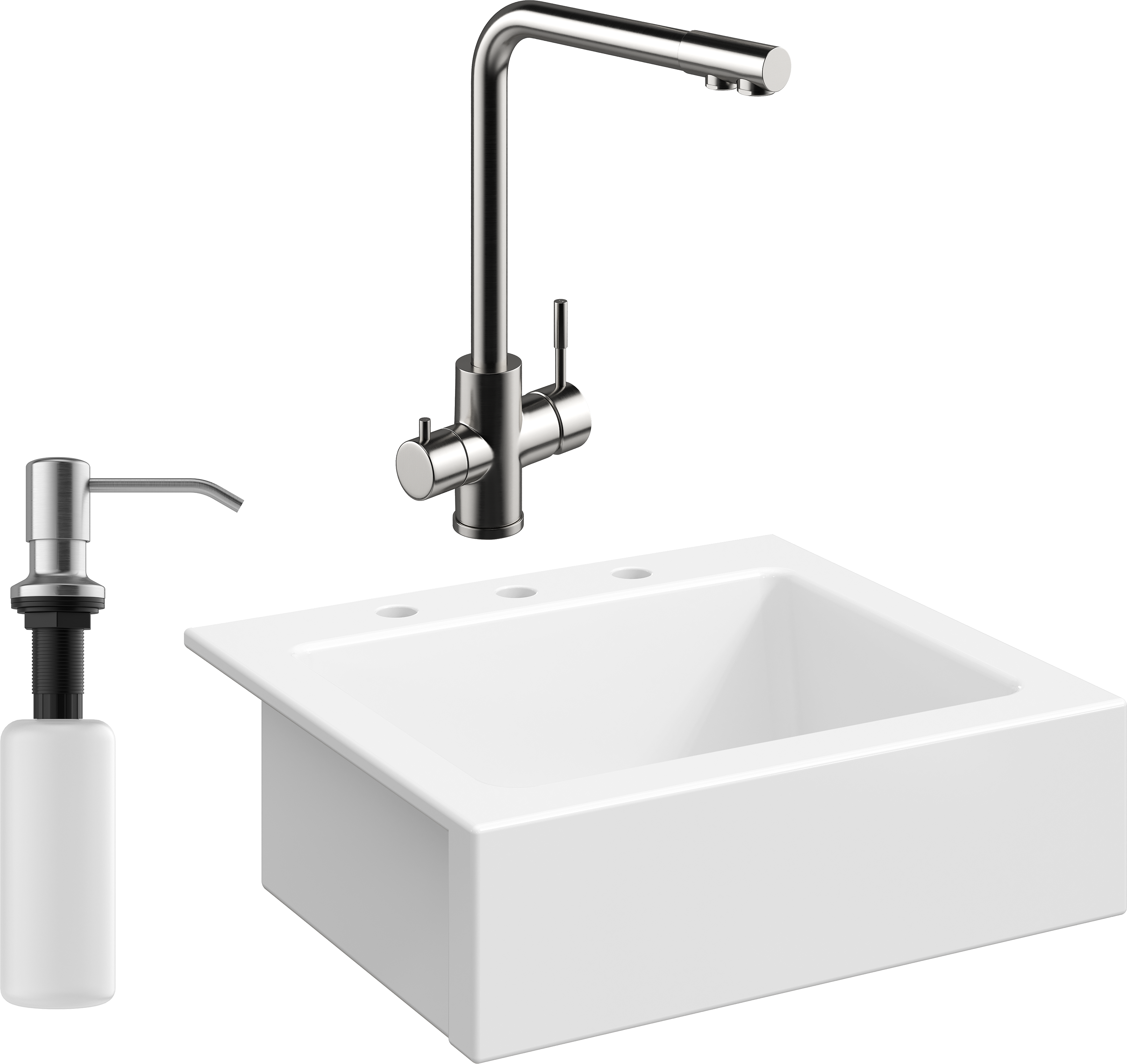 Комплект Мойка кухонная Domaci Сиена 50166-101 с 3 отверстиями, белый глянец + Смеситель Ливорно WFD04018 брашированная сталь + Дозатор Равенна 401 сатин